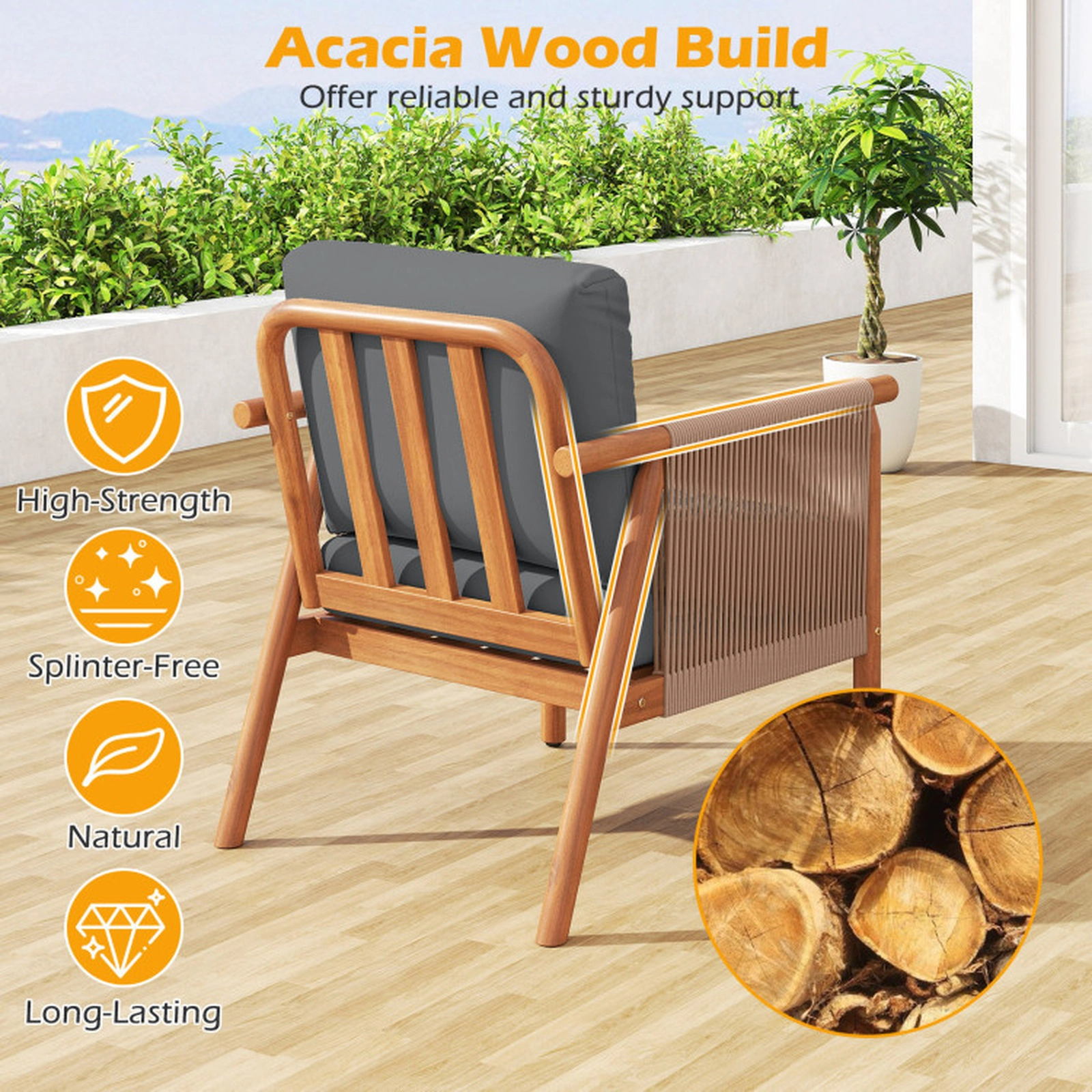 SUGIFT Boho Woven Rope Patio Acacia Wood Chair Set of 4 with Seat and Back Cushions 400-lb Capacity Gray