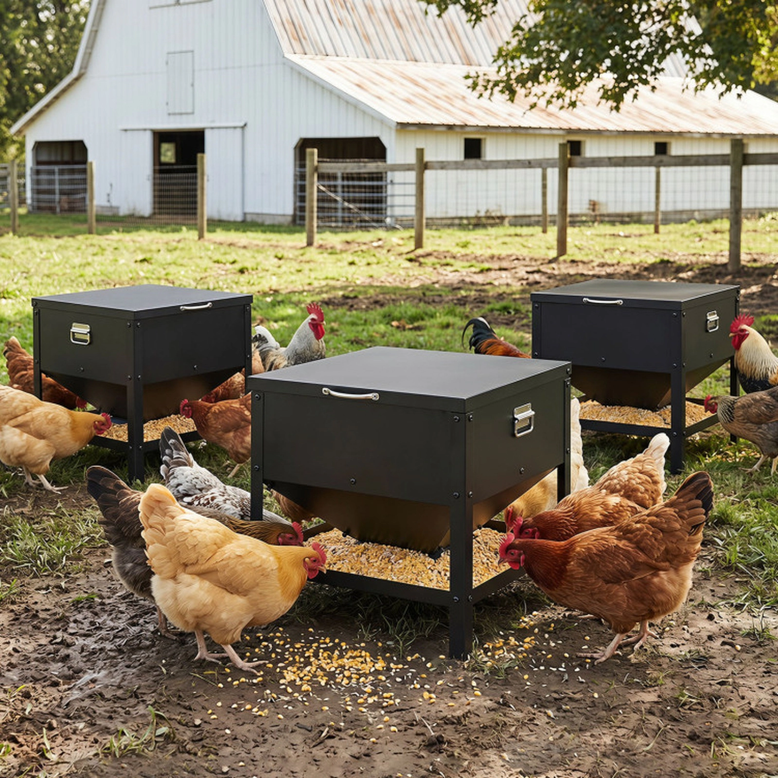 SUGIFT Large Capacity Galvanized Metal Chicken Feeding Box Pet Food Container with Openable Lid 19-in Tall Black
