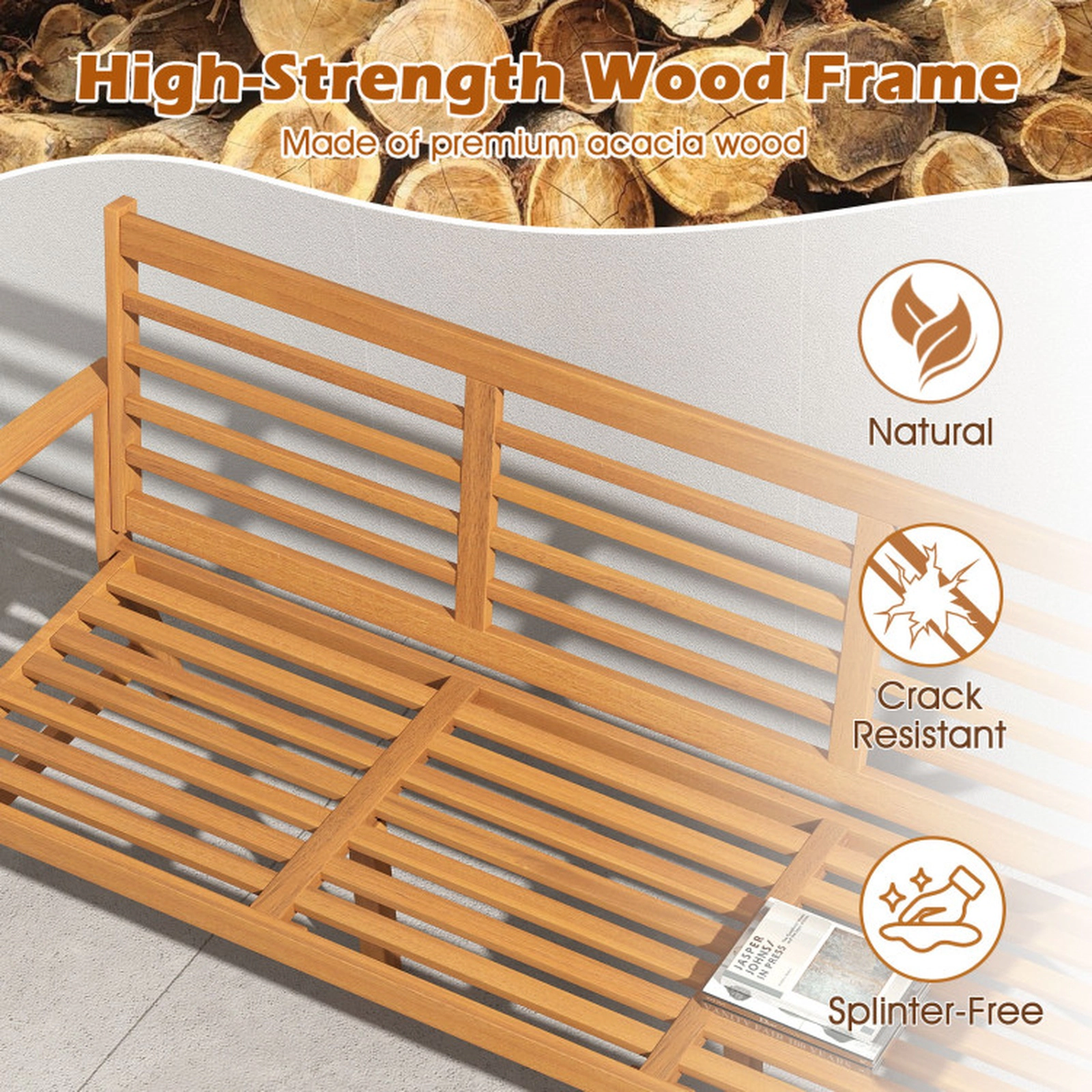 SUGIFT Patio Wood Bench with Slatted Seat and Cushion 1200-lb Capacity Off White Cushion Natural Frame