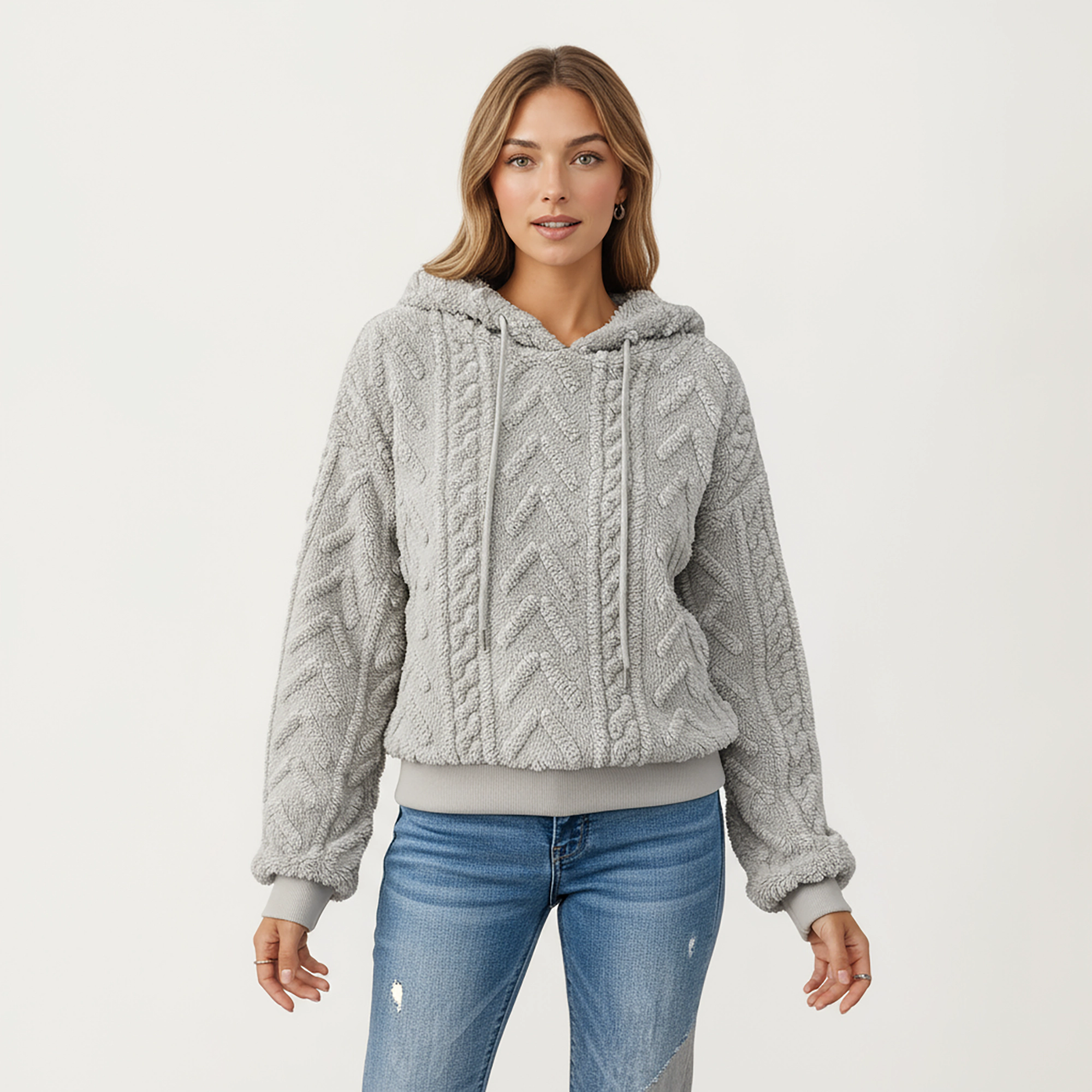 Anna-Kaci Women's Plush Textured Hoodie with Cable Inspired Patterning, High Pile Fabric, Ribbed Trim Accents