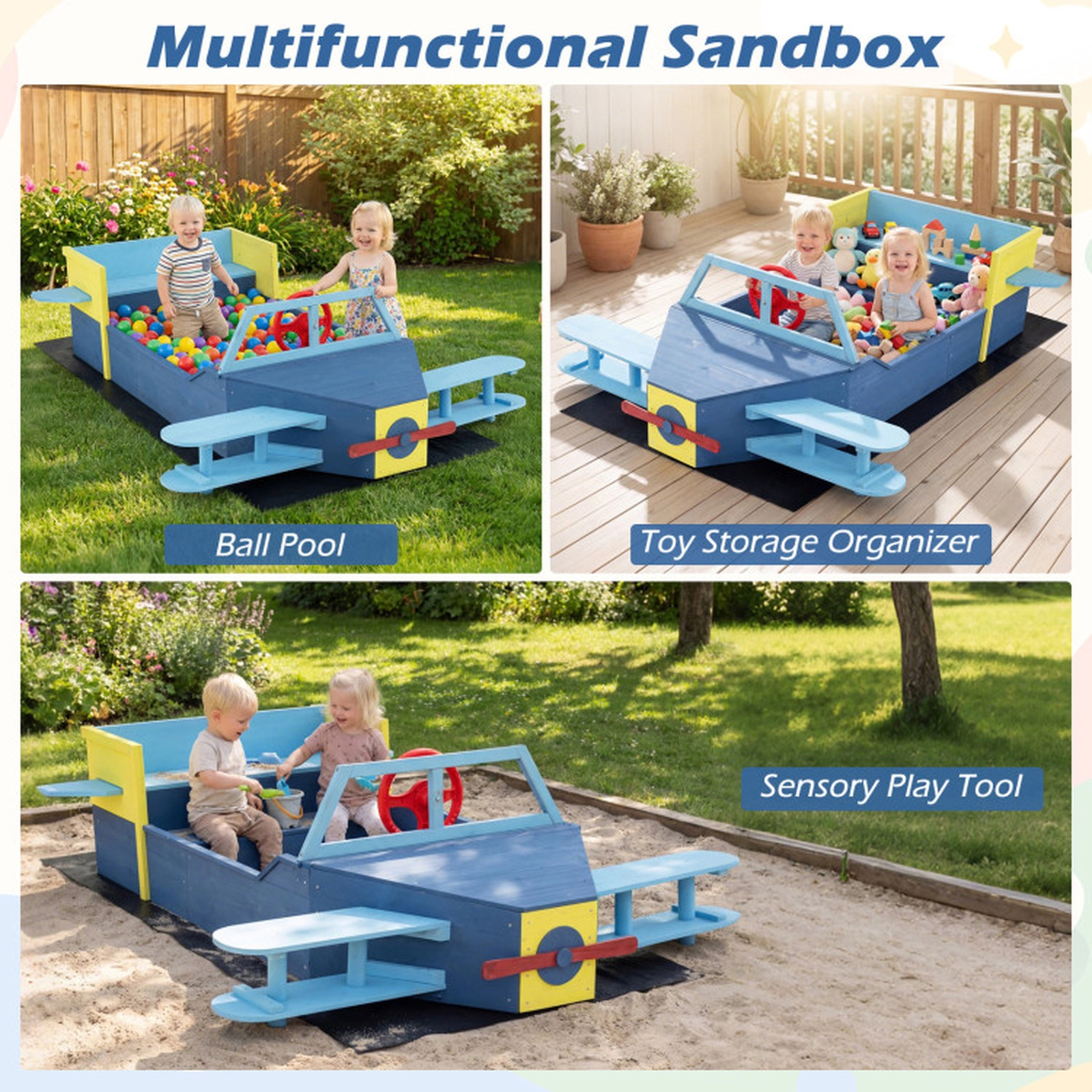 SUGIFT Large Wooden Kids Sandbox with Bottom Liner and Bench Seat 110-lb Bench Capacity Ages 18+ Months Blue
