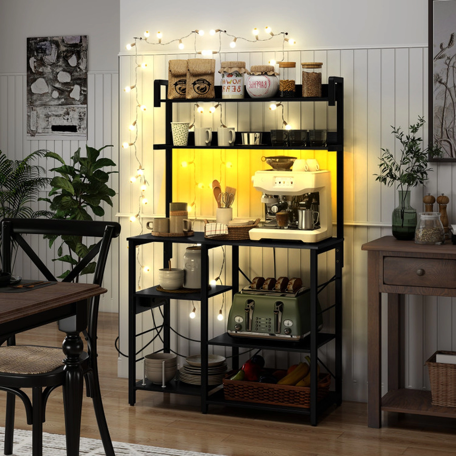 SUGIFT 5-Tier Kitchen Bakers Rack Black with Power Outlets USB Ports and LED Lights