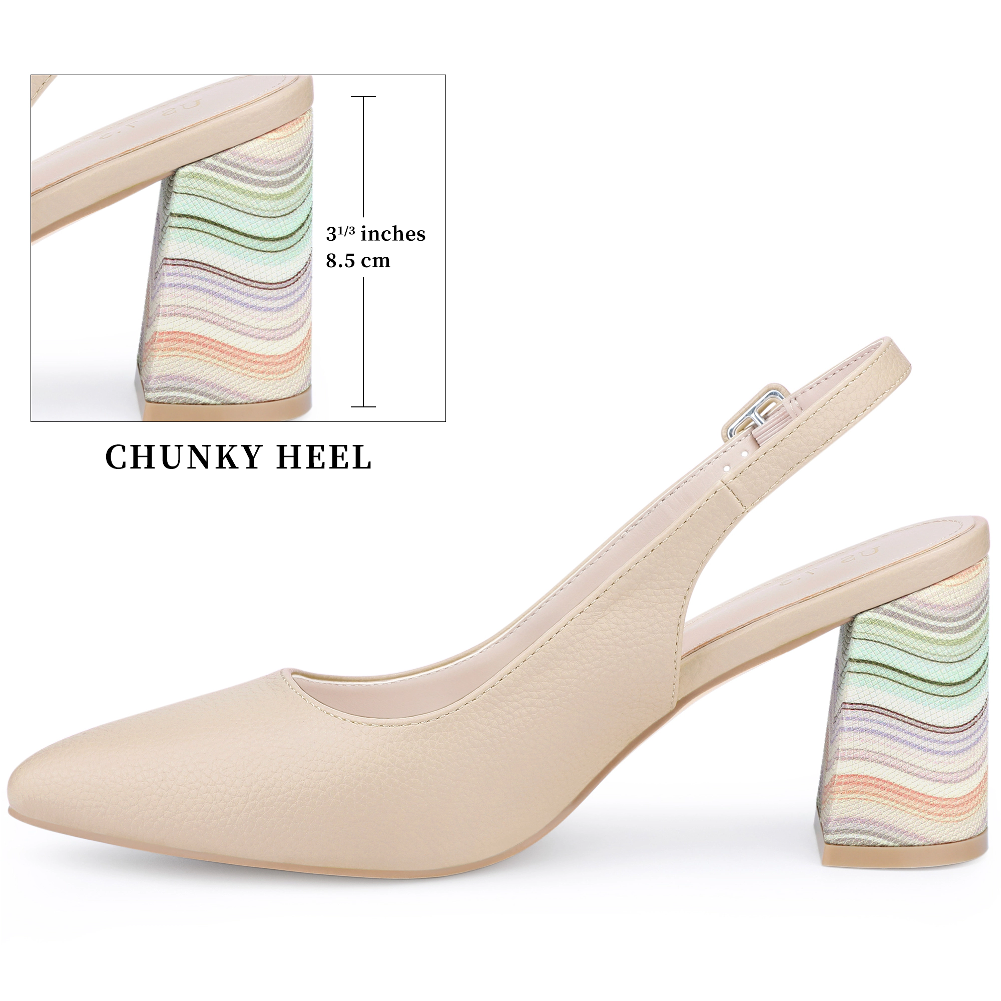 BLISSFUL STEP Women Pointed Toe Block Heel Slip On Slingback Pumps Shoes