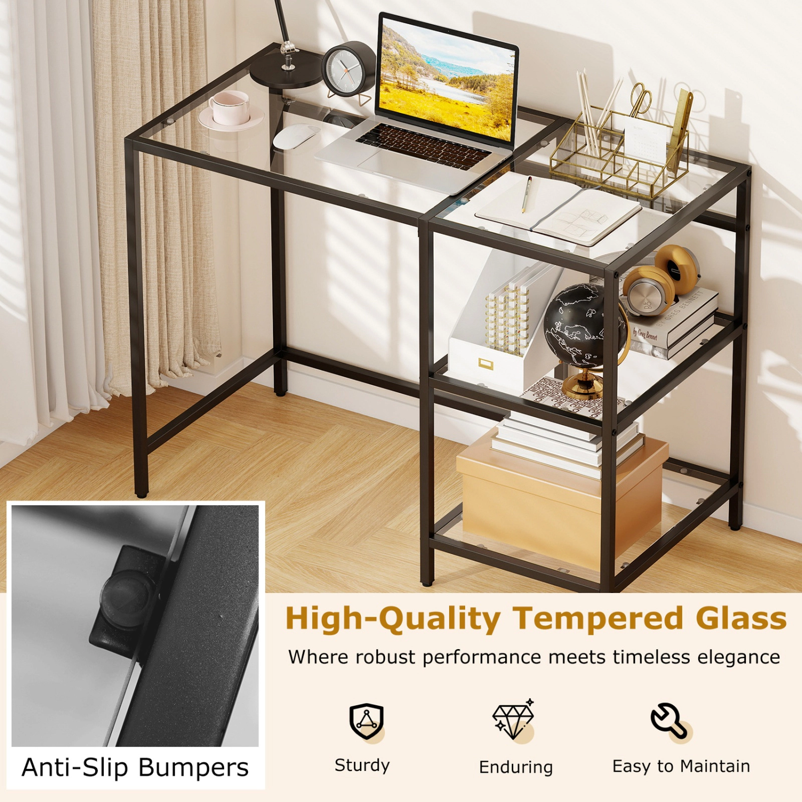 SUGIFT 42-Inch Modern Tempered Glass Console Table with Gold Metal Frame and Detachable Lower Shelf