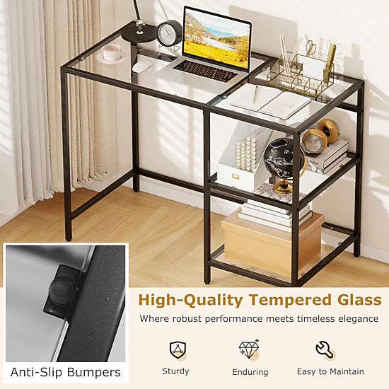 SUGIFT 42-Inch Modern Tempered Glass Console Table with Black Metal ...