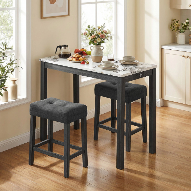 SUGIFT White Side Charging Station and Faux Marble Top 3-Piece Bar Table Set
