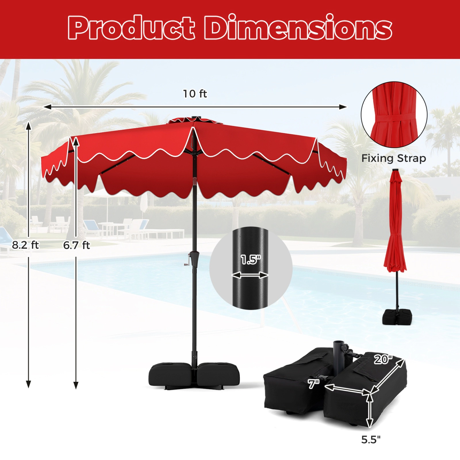 SUGIFT 10 ft Outdoor Patio Umbrella with 32 Solar LED Lights and Weighted Base Bags