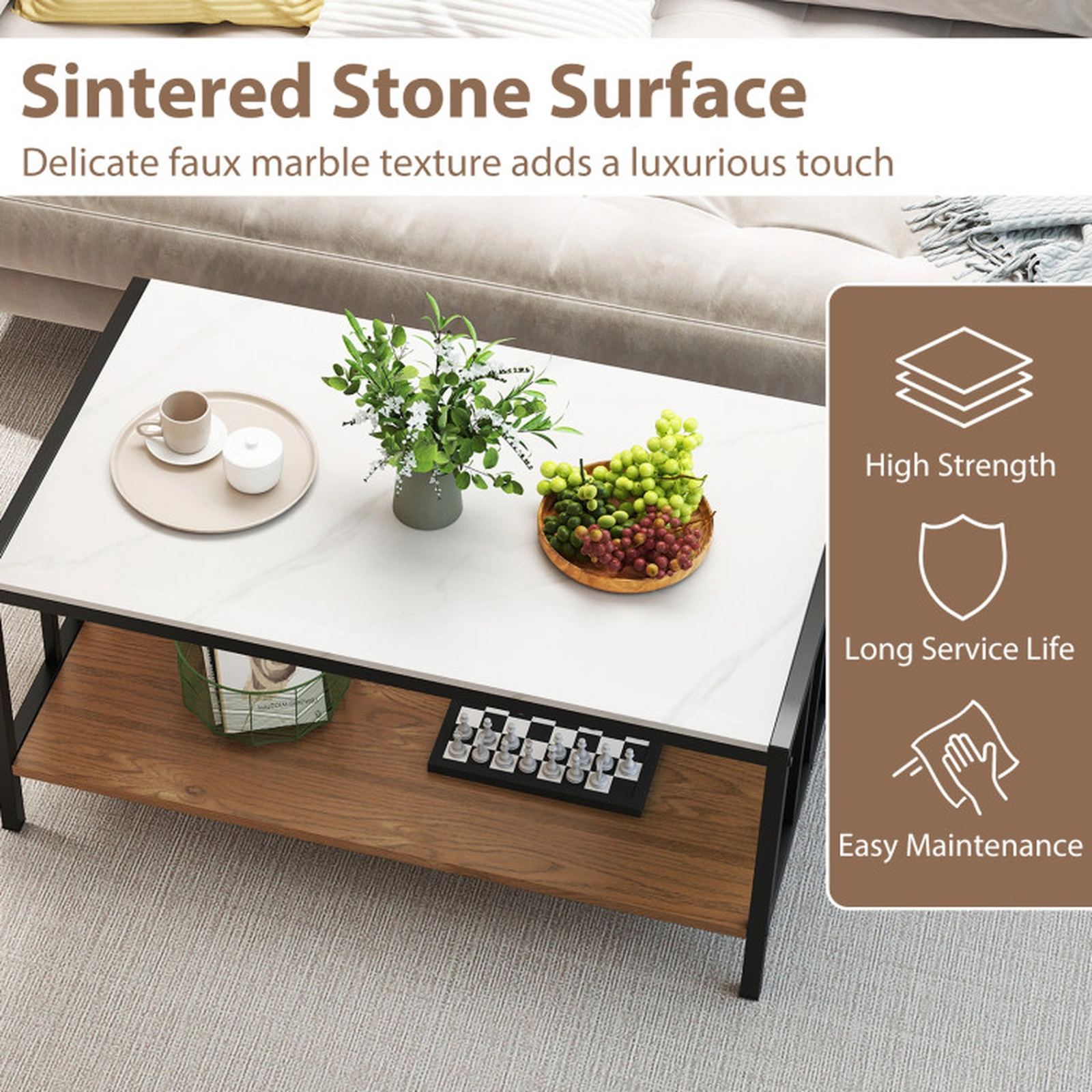 SUGIFT 33.5-in 2-Tier White Sintered Stone Coffee Table with Anti-Falling Shelf Fencing and Adjustable Pads