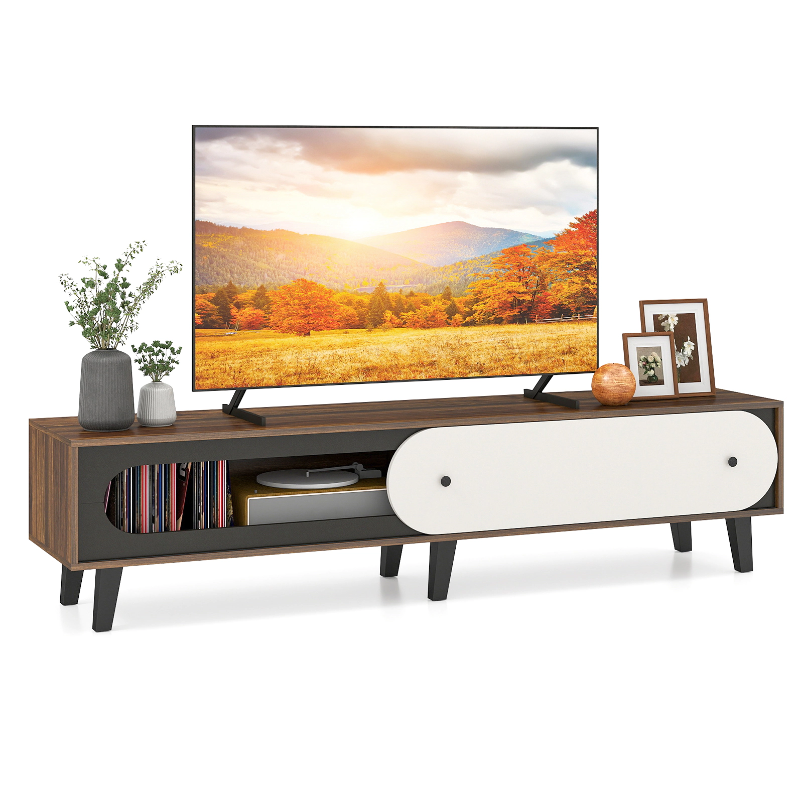 Glintex 71-Inch Mid-Century TV Stand with 41.5-Inch Sliding Door, Walnut & White