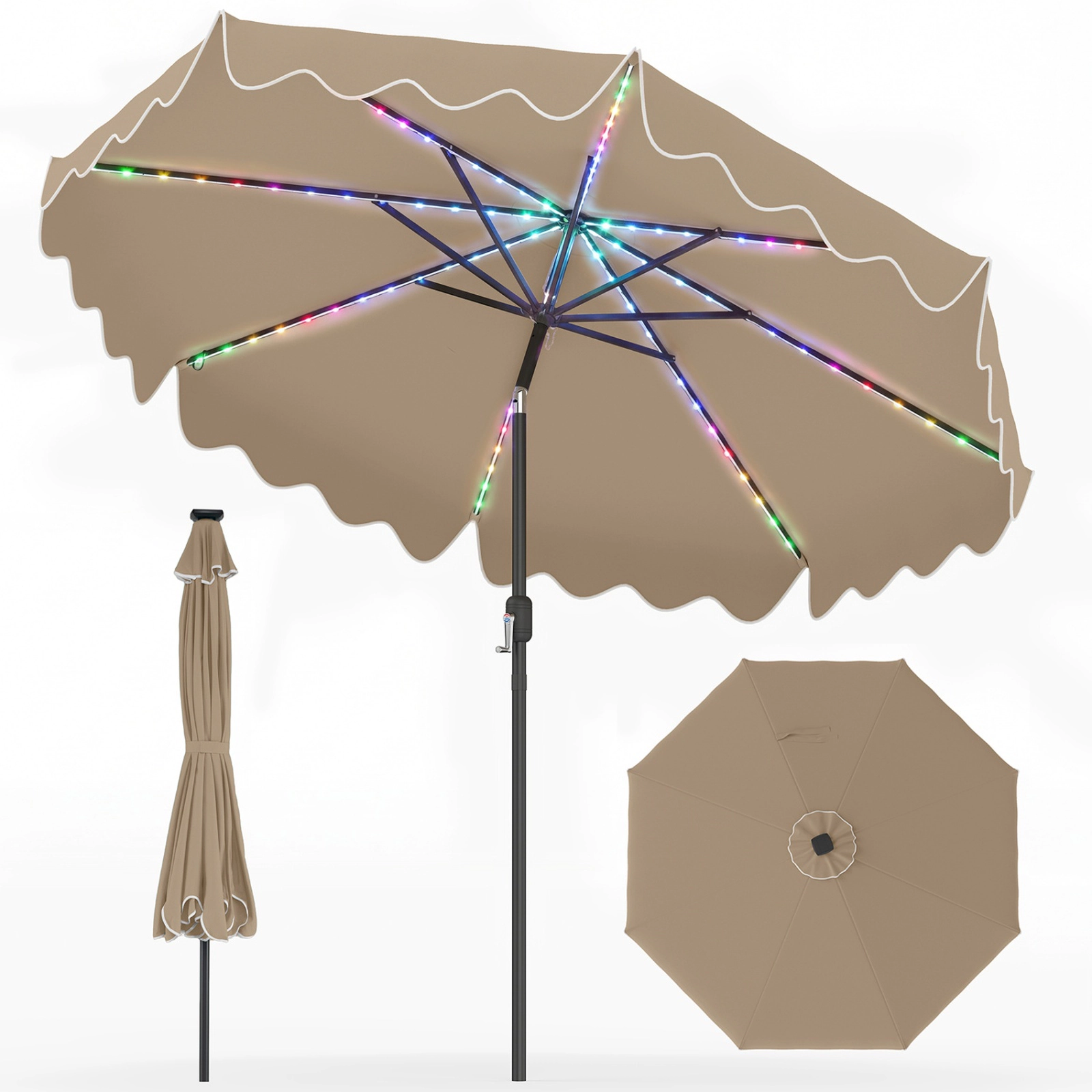 SUGIFT 9-ft Solar Patio Umbrella with Color-Changing LED Lights 104-LED 12-Mode Canopy with Crank and Tilt Brown