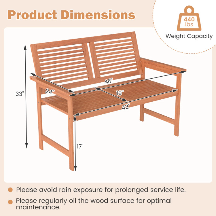 Hivvago Outdoor Wooden Bench 2-Person Patio Bench With Slatted Backrest And Seat
