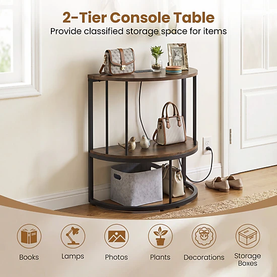 Hivvago 2-Tier Half Moon Console Table With Power Outlets And Storage ...