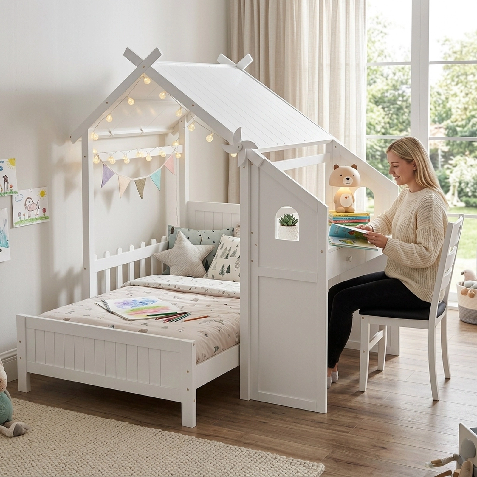 SUGIFT Twin House Bed with Desk, 2 Drawers and Study Chair, White
