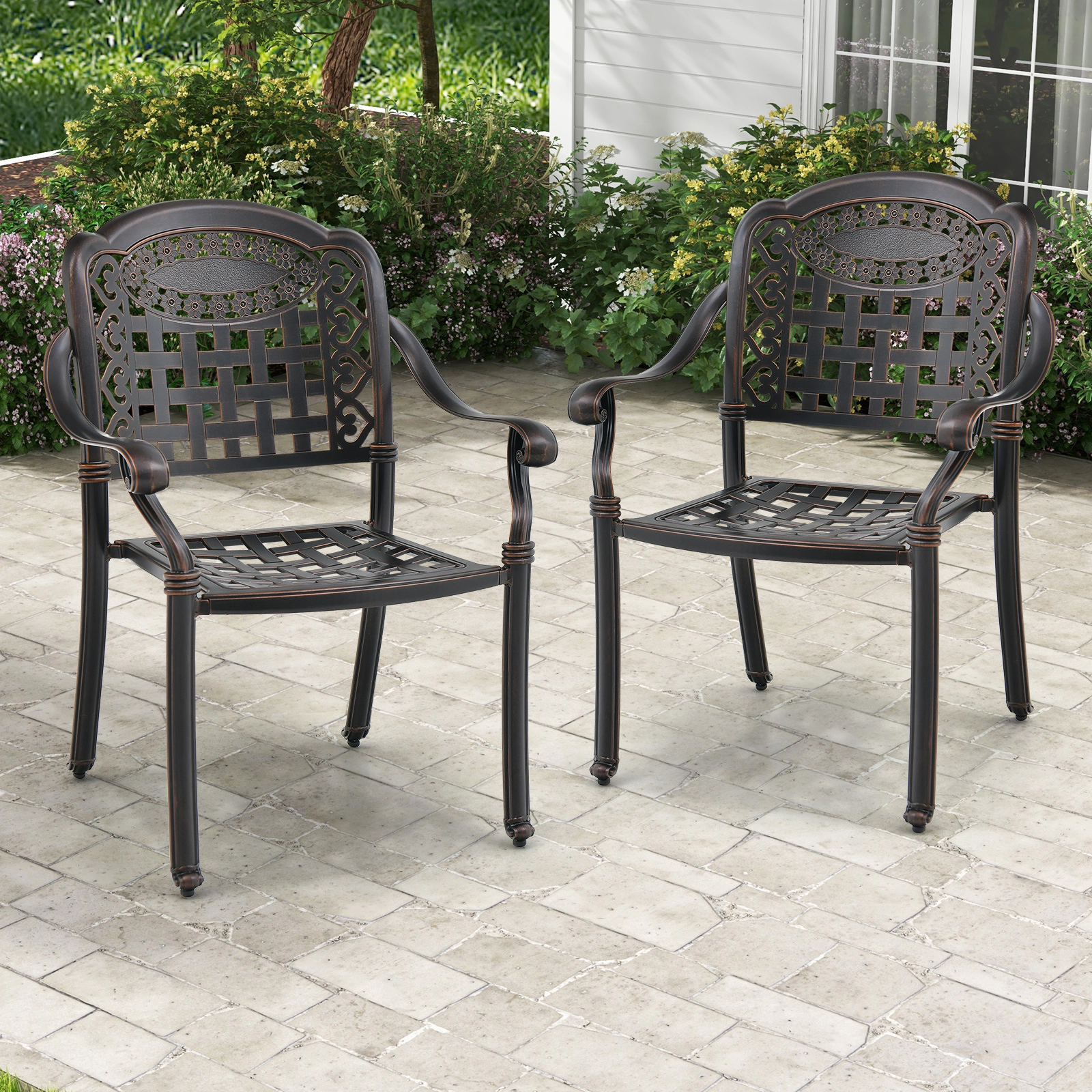 LJG Set of 2 Cast Aluminum Patio Chairs with Armrests