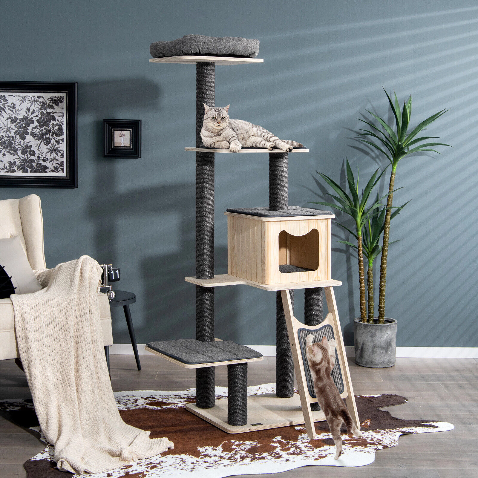 SUGIFT 69 in Wood Cat Tower Gray 5-Tier with Washable Cushions and Sisal Posts