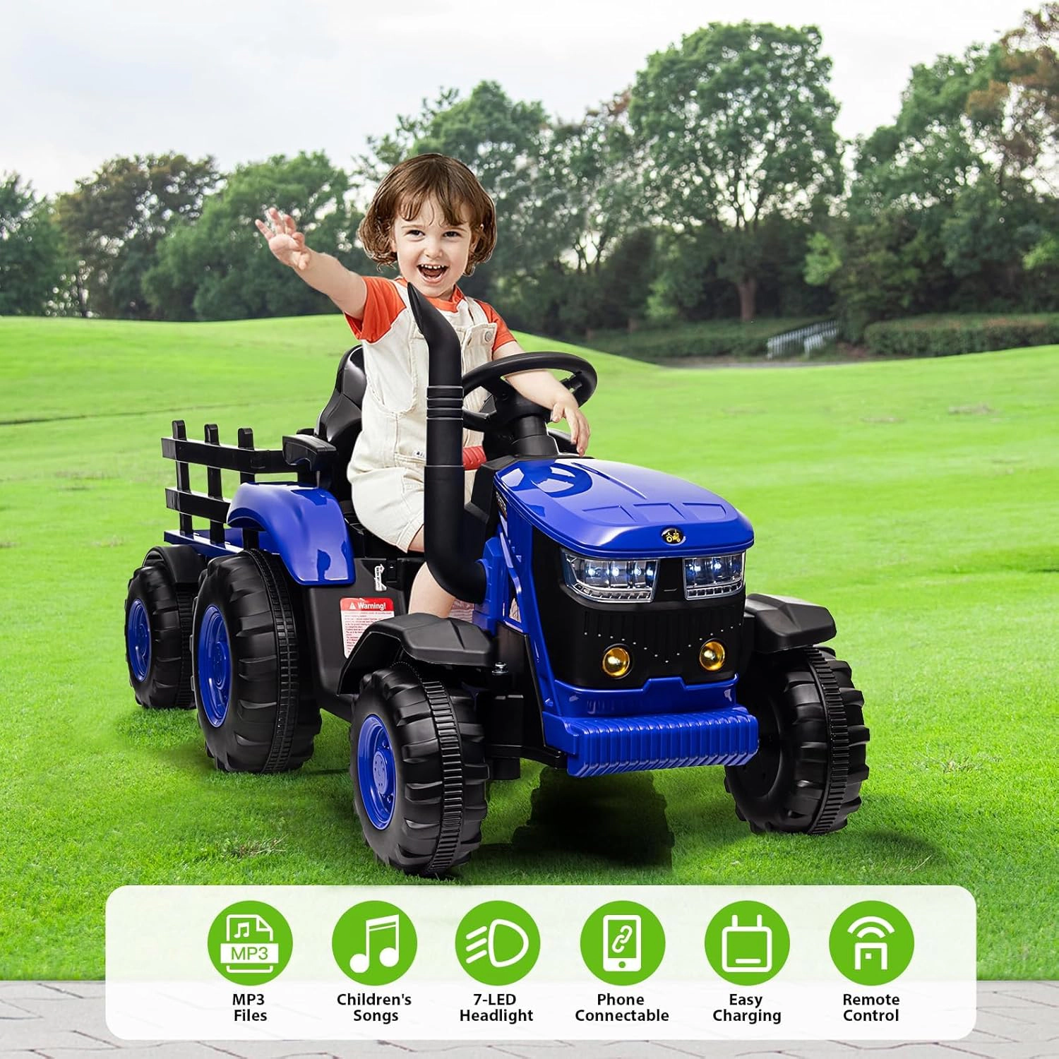 Enjyam 12V Kids Ride-On Tractor with Remote, Electric w/ Dual Motors, Detachable Trailer, Music & LED Lights