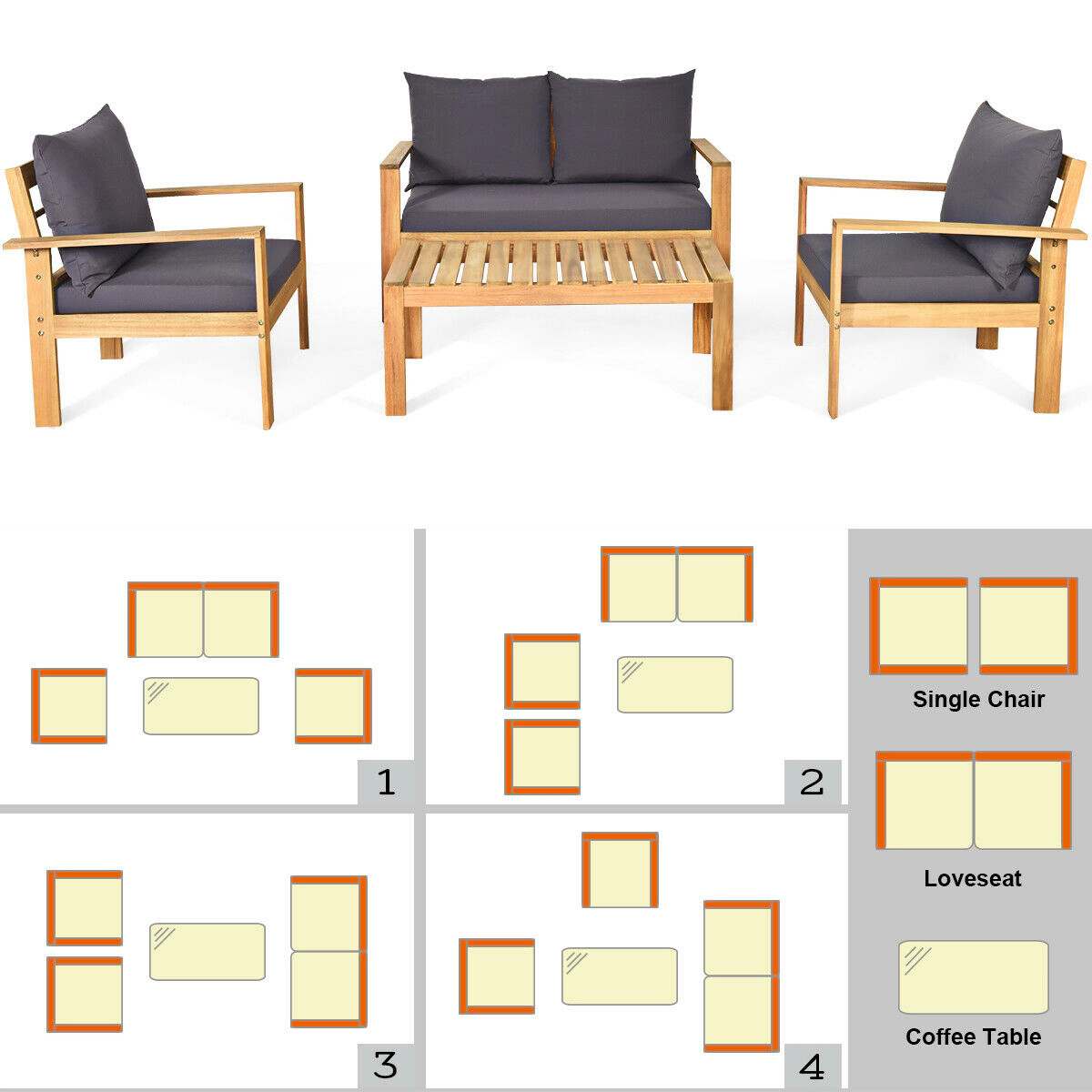 LJG 4 Pieces Patio Acacia Wood Thick Cushion Loveseat Sofa Set