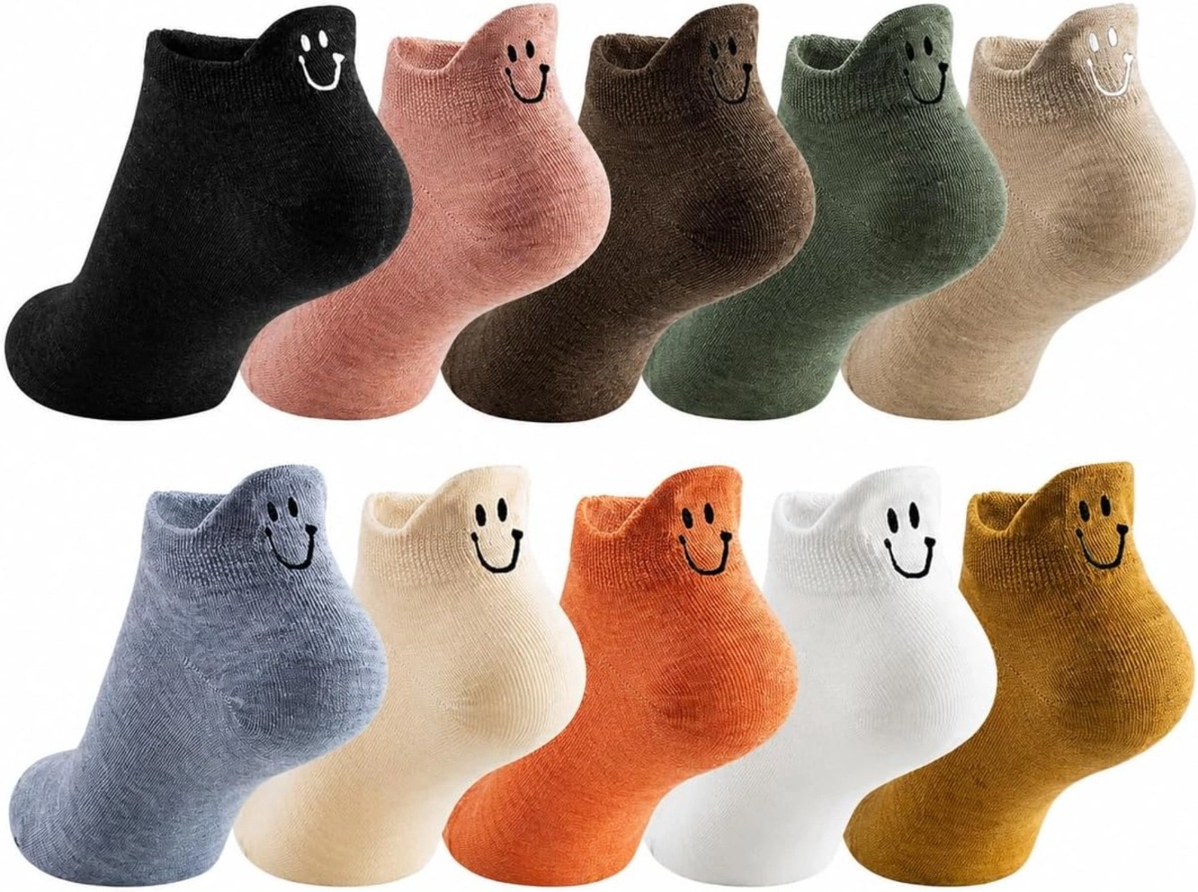 Wardrobe Whimsy 10 Pairs Women Cute Smiley Face Daisy Embroidered Low Cut Ankle Socks