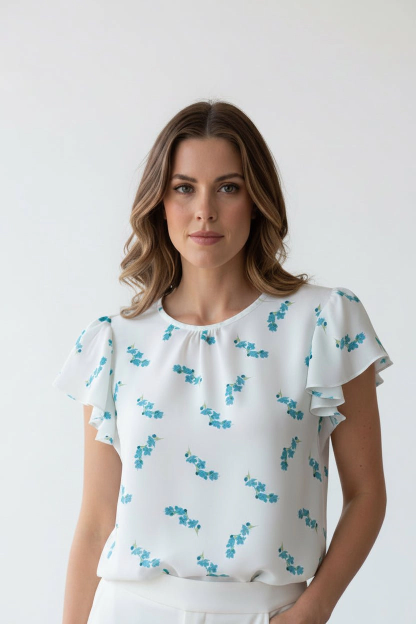 DressAtR Women's White Round Neck Flutter Sleeve Back Button Blouse