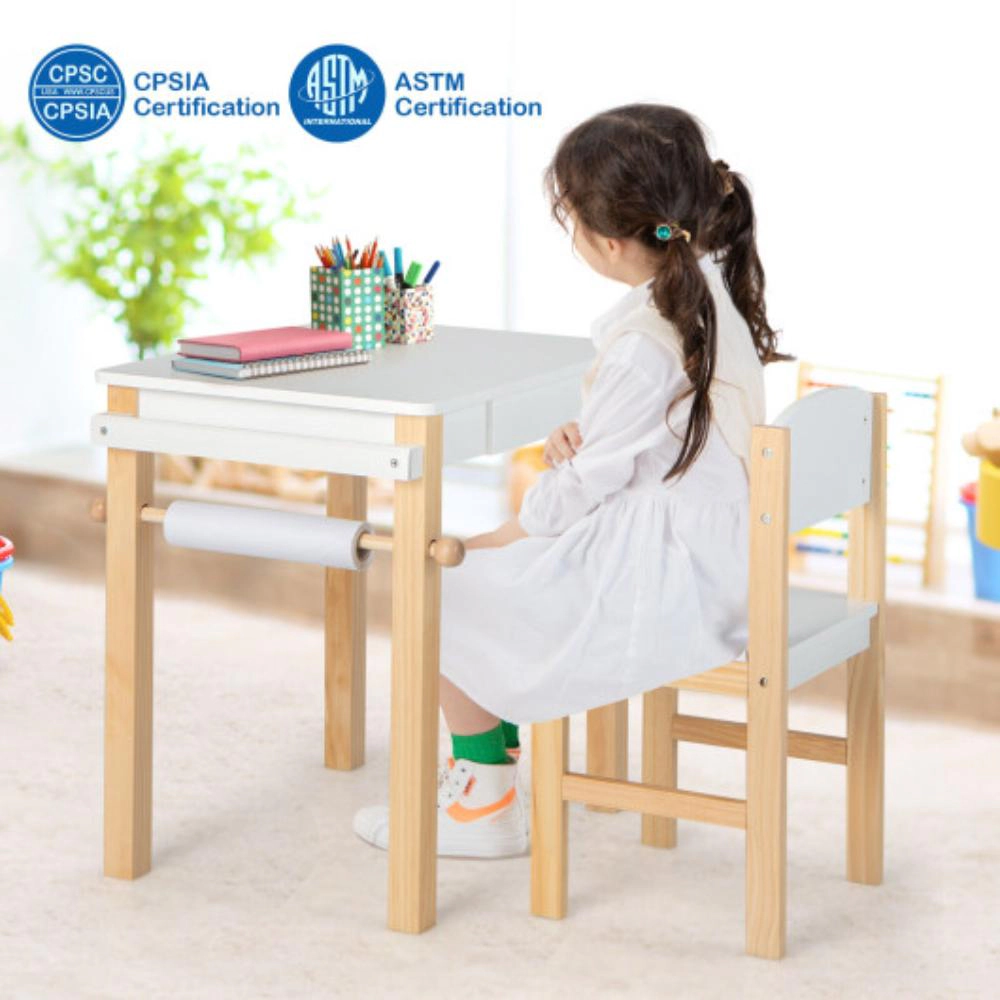Hivvago Kids Art Table And Chair Set With Drawer Paper Roll And 2 Markers-White