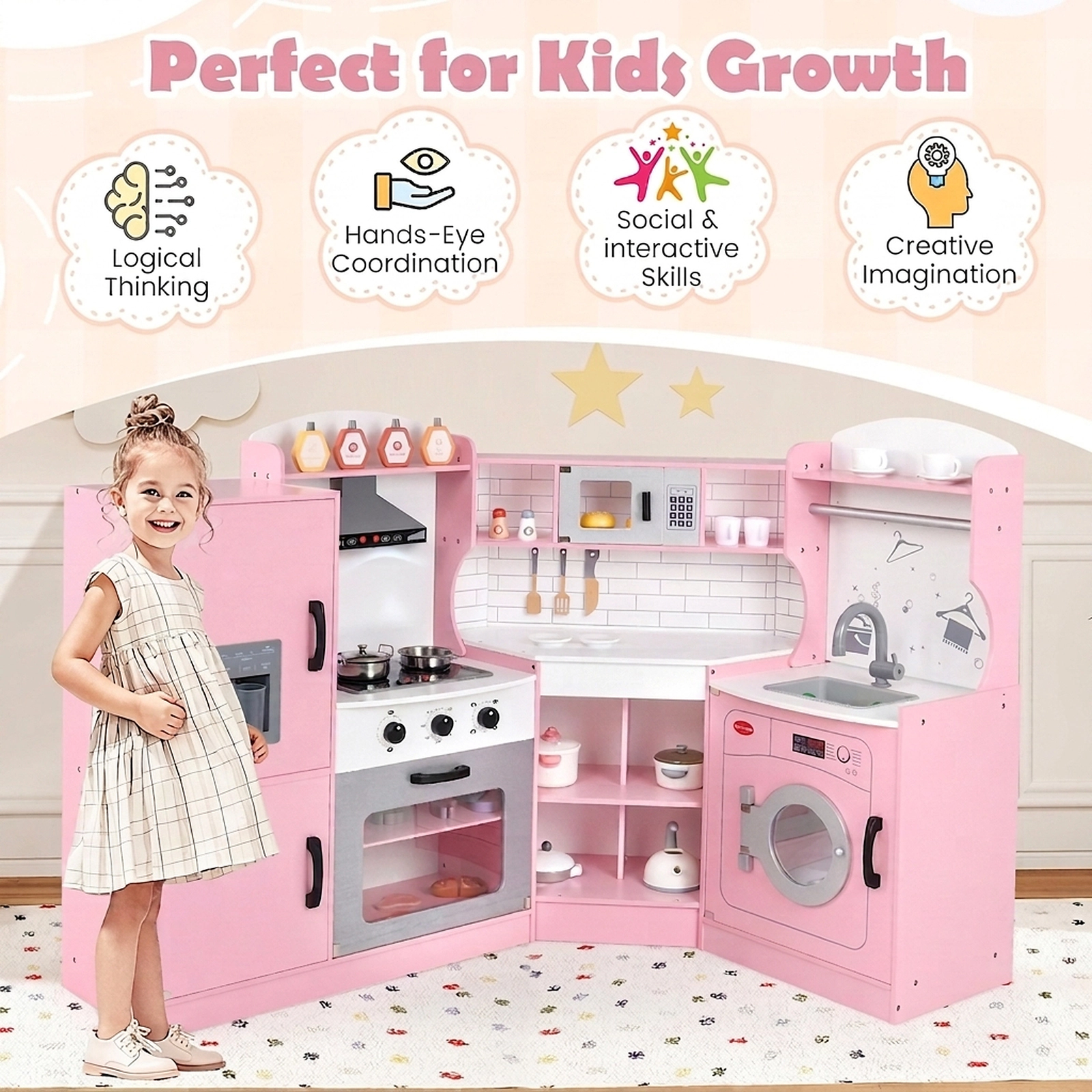 Corner Kids Play Kitchen with Washing Machine Ice Maker Towel Rack and Dual Counter Heights for Ages 3-10 Pink