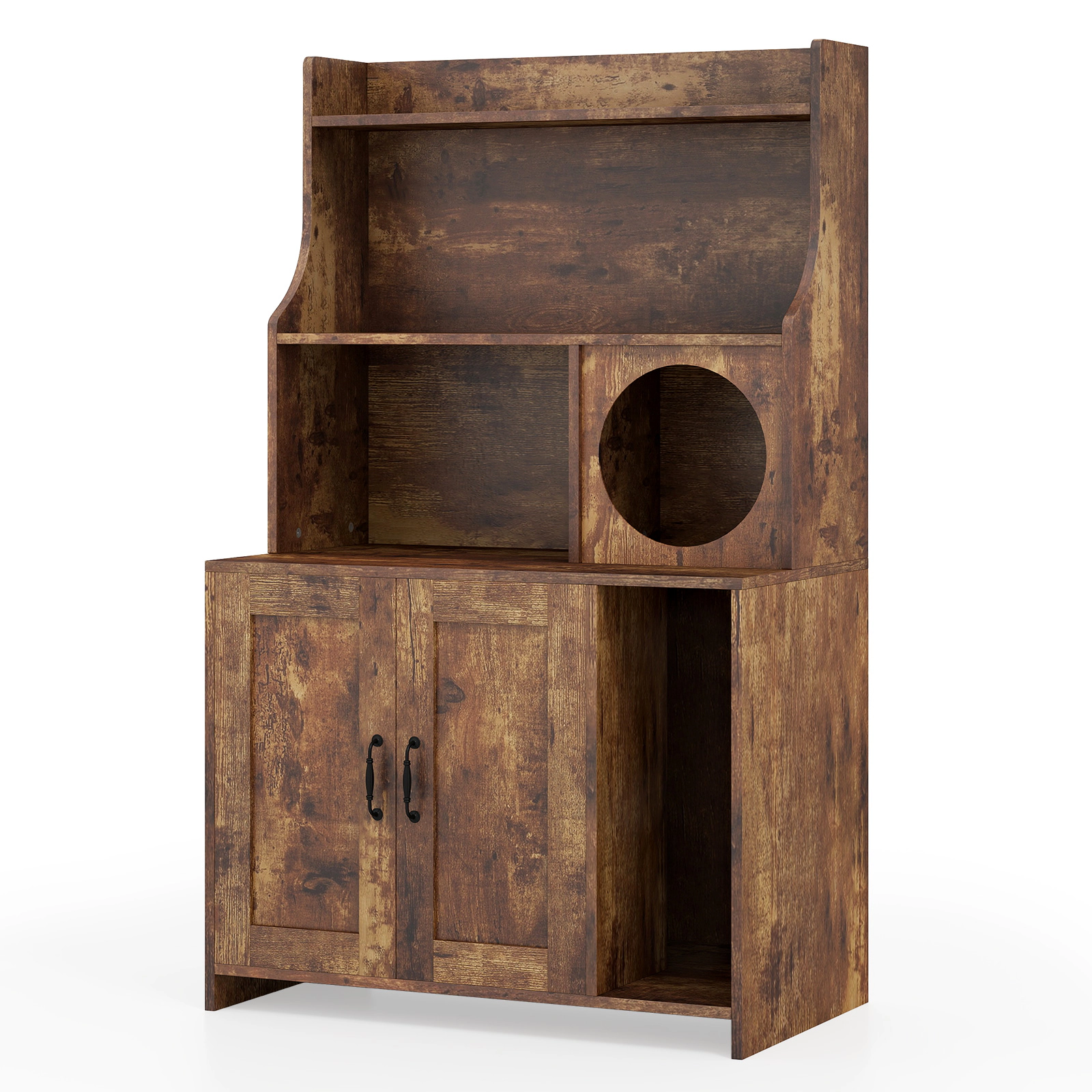 SUGIFT Modern Wooden Cat Litter Box Enclosure with Storage Shelves 66-lb Tabletop Capacity Brown