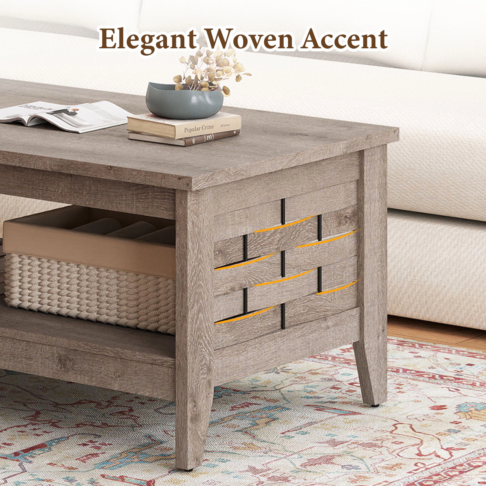 SUGIFT 2-Tier Woven Lattice Ends 0.9-in Board Farmhouse Coffee Table 39.5-in x 23.5-in x 19-in 135-lb Capacity Oak