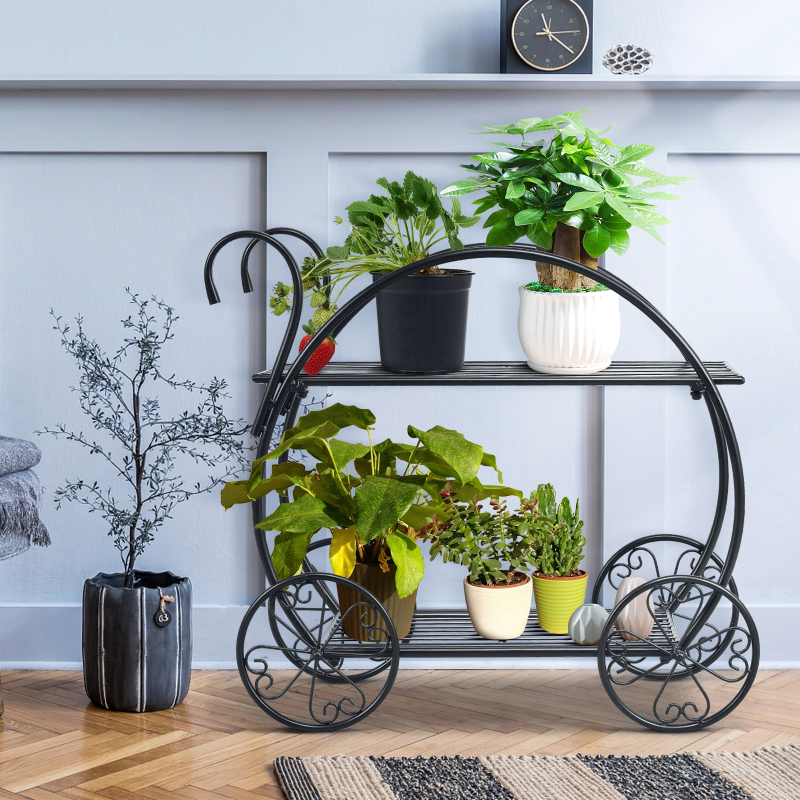 SUGIFT Two-Tier Steel Flower Cart Plant Stand 22-lb Capacity Black Two-Tier Garden Cart with Decorative Wheels