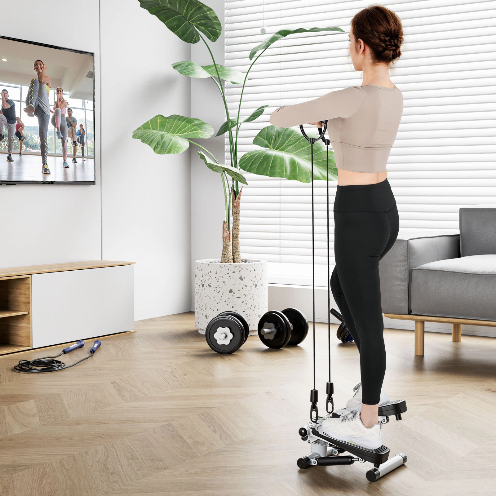SUGIFT 220-lb Capacity Adjustable Mini Stepper with 2 Resistance Bands Anti-Slip Pedals and Monitor