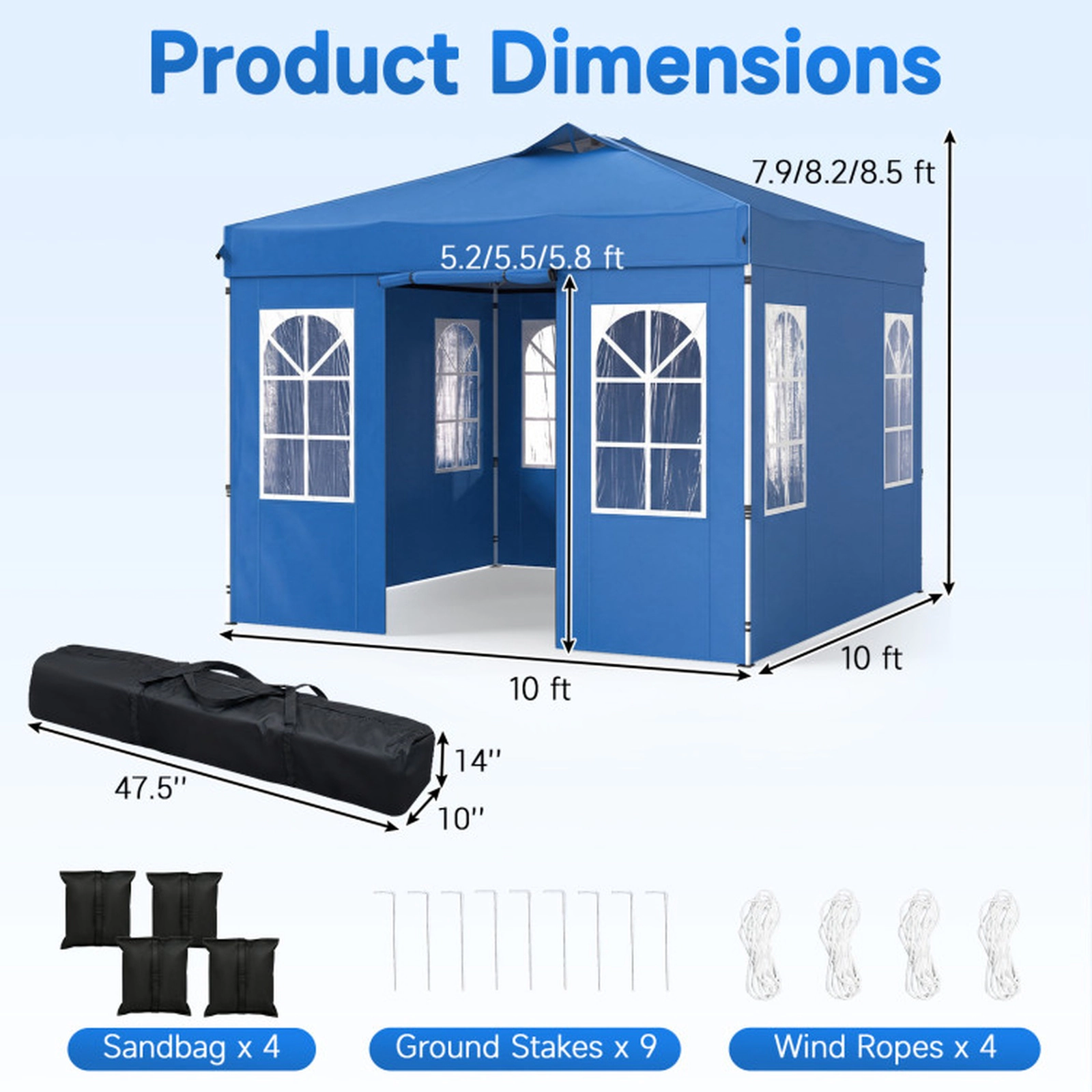 SUGIFT Blue Adjustable Pop Up Canopy Tent with 4 Removable Sidewalls and Carry Bag 10-ft W 10-ft D 8.5-ft H