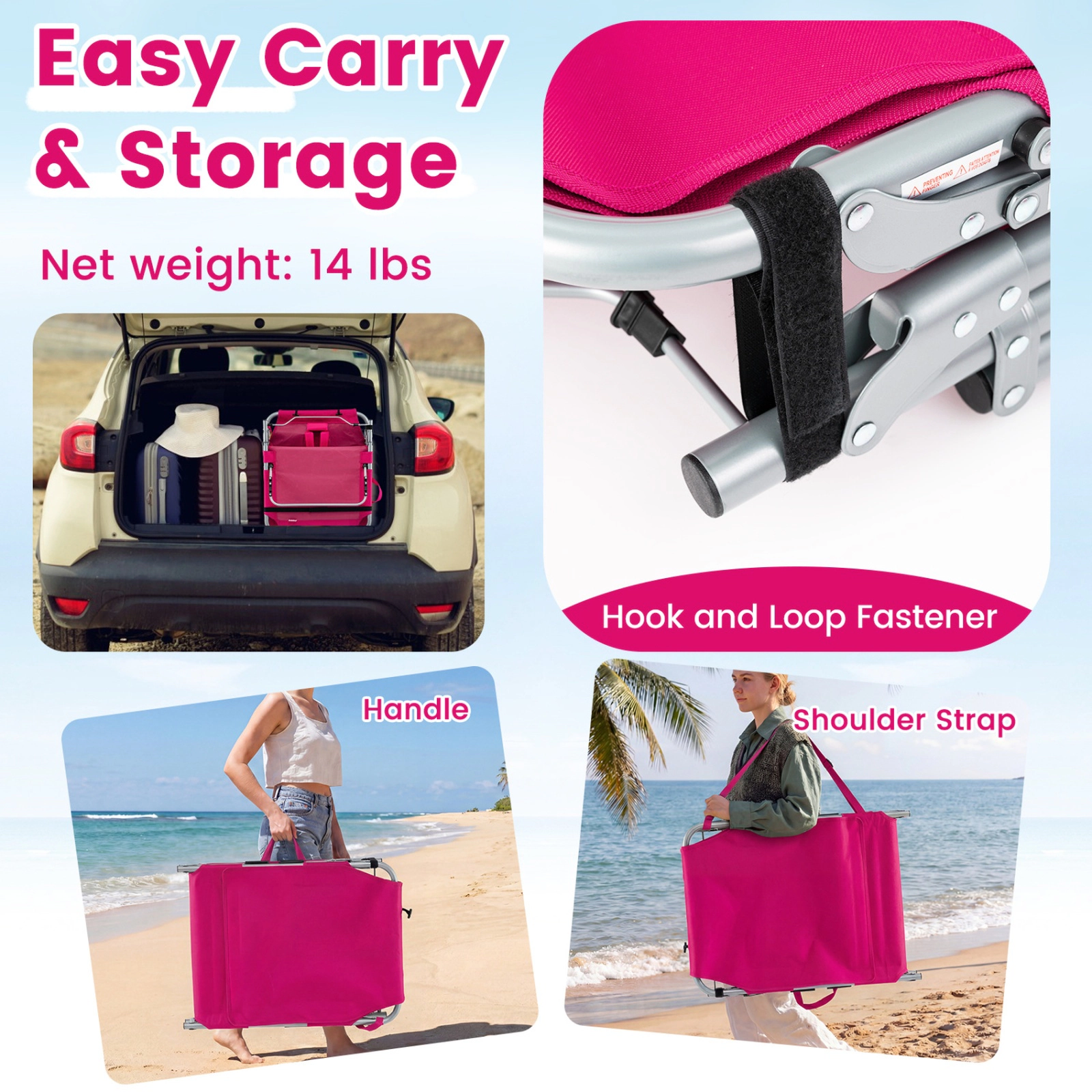 SUGIFT Set of 2 Portable Tanning Lounge Chairs Face & Arm Holes 330-Lb Capacity 4-Level Backrest 76.5-in Lounge Pink