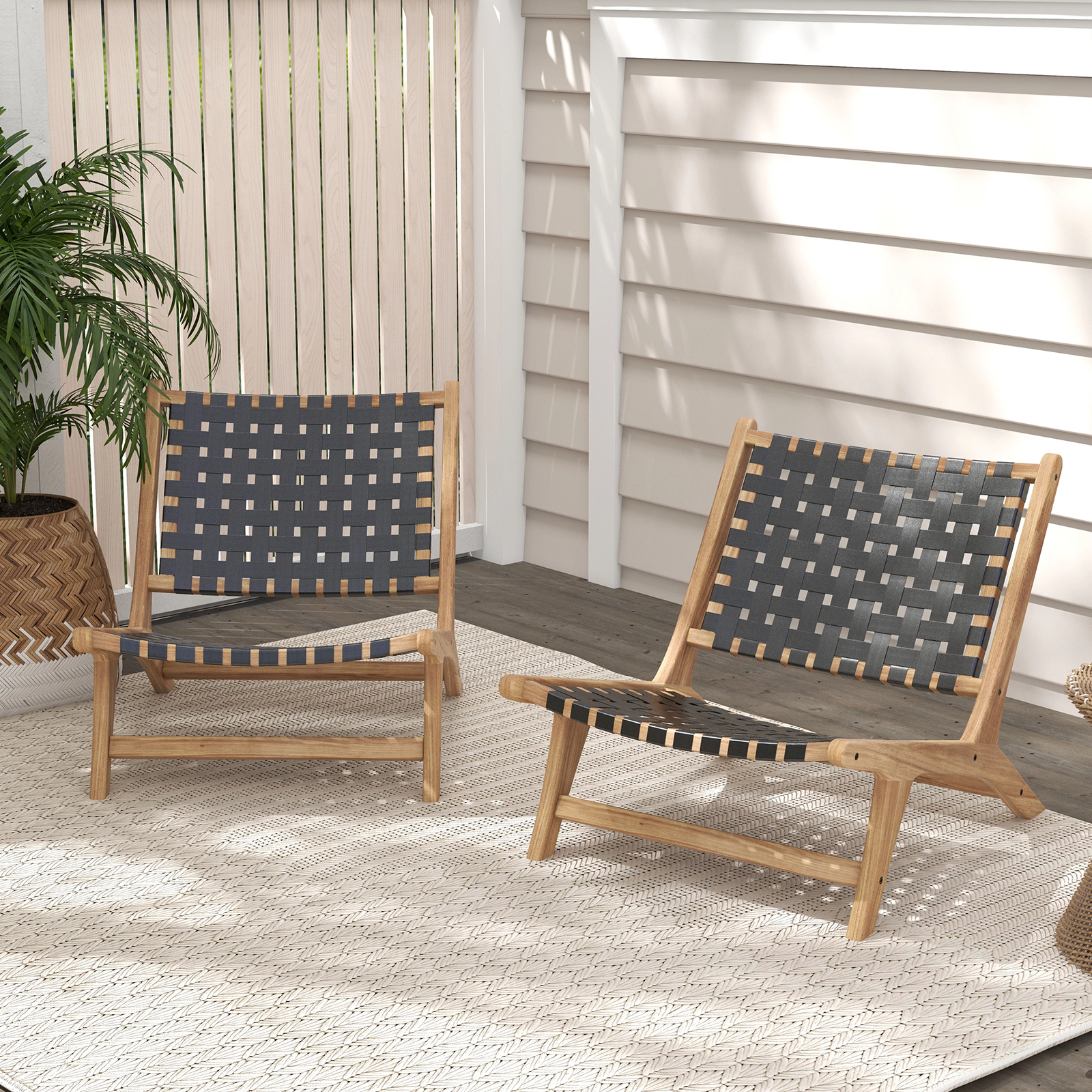 LJG Modern Armless Teak Wood Lounge Chair with Nylon Woven Backrest and Seat