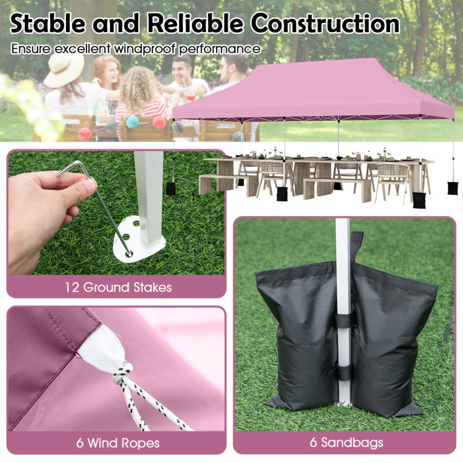 SUGIFT Pink Foldable Outdoor Pop Up Canopy Gazebo Tent with Carry Bag for 15-20 People 20-ft W 10-ft D 10.4-ft H