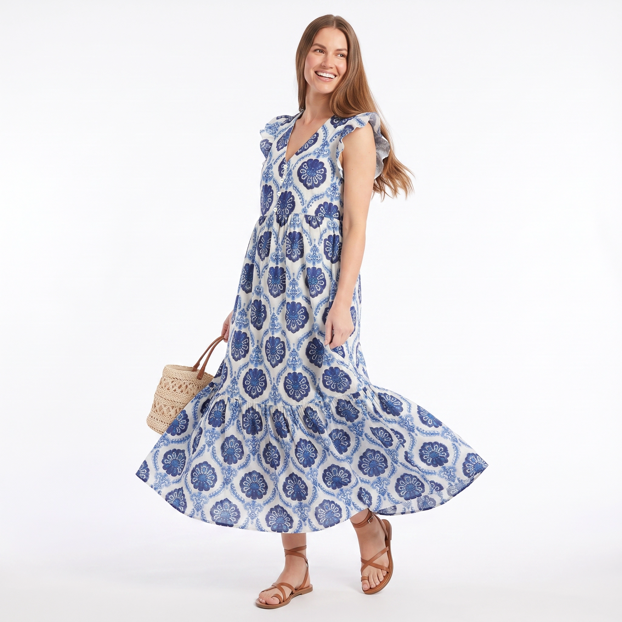 Anna-Kaci Women's V-Neck Ruffle Cap Sleeve Paisley Tiered Midi Dress