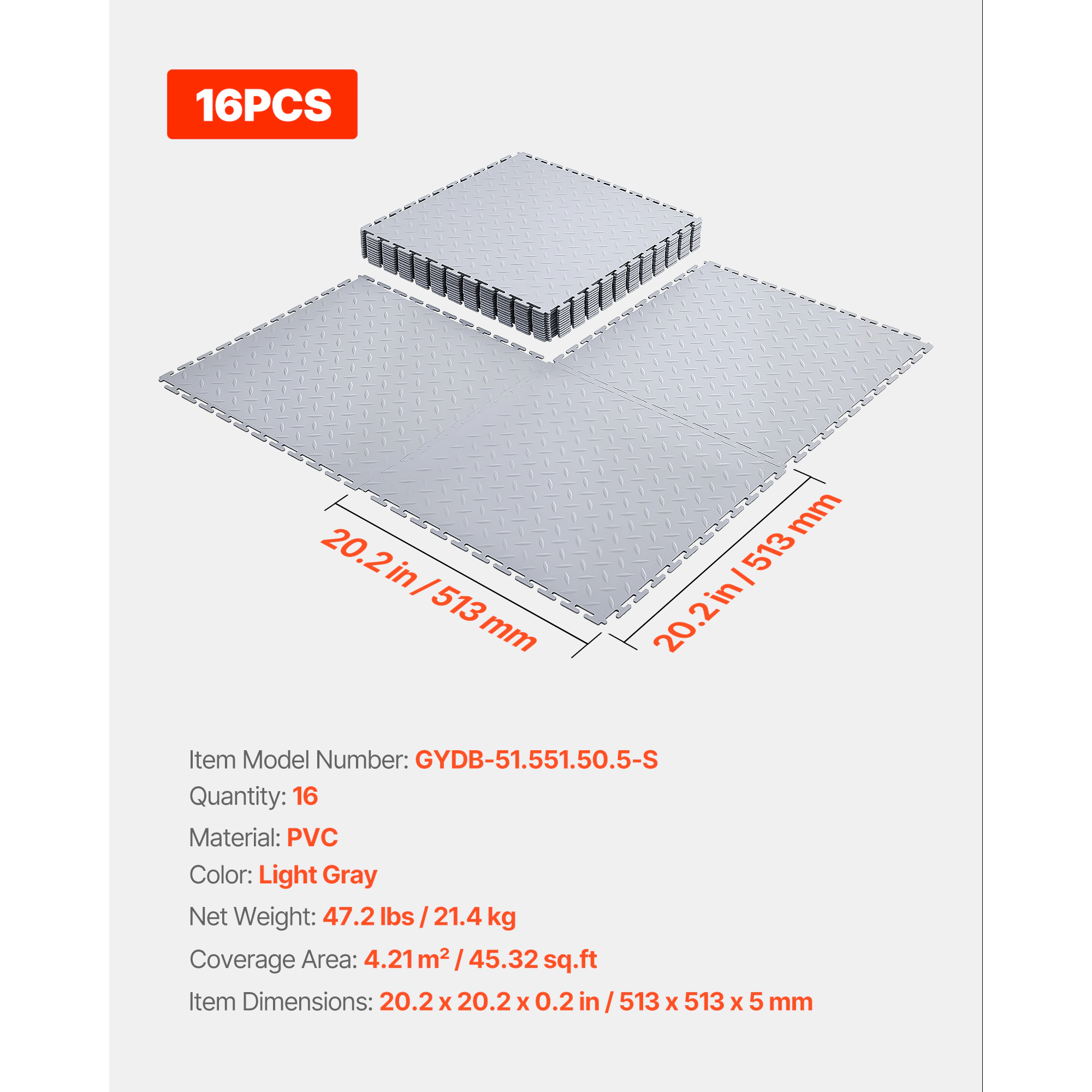 HONGGE Garage Floor Tiles Interlocking 20.2 x 20.2 x 0.2 in Interlocking Modular Garage Flooring Tiles Diamond Plate