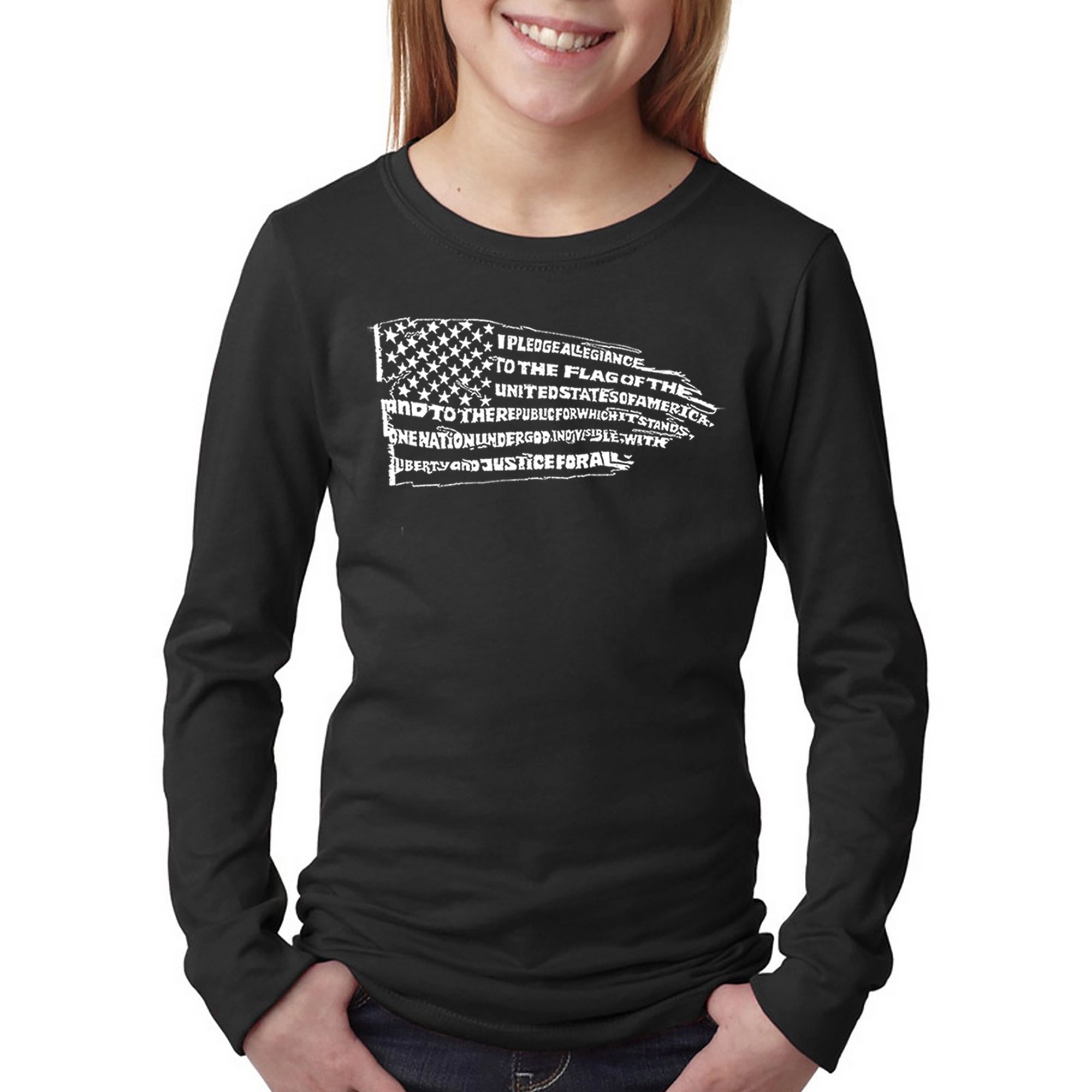 LA Pop Art Girls Long Sleeve Word T-Shirt - Pledge of Allegiance Flag