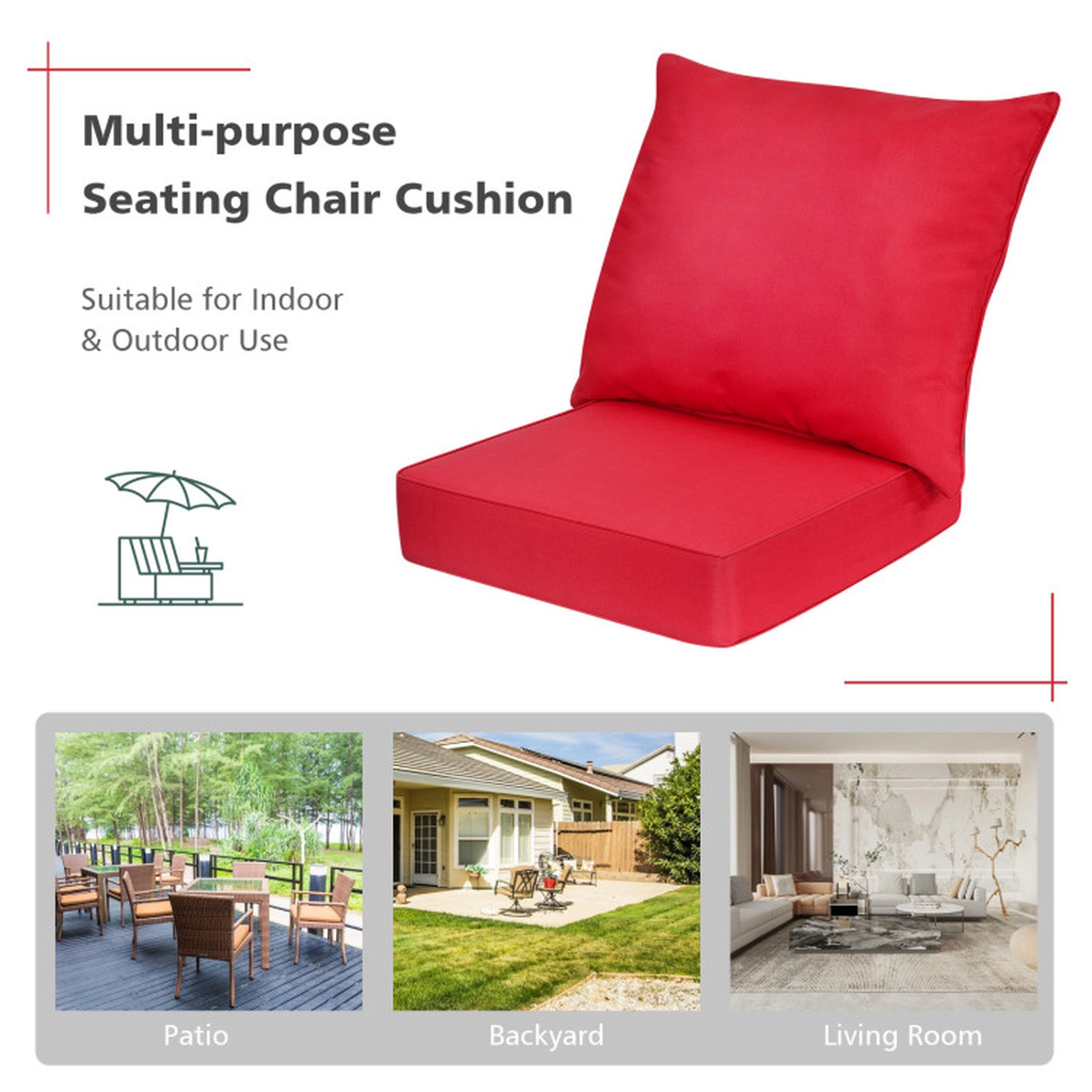 SUGIFT Red Deep Seat Outdoor Patio Chair Cushion Set with Back Pad and Rope Belts 25-in W 25-in D 5-in H