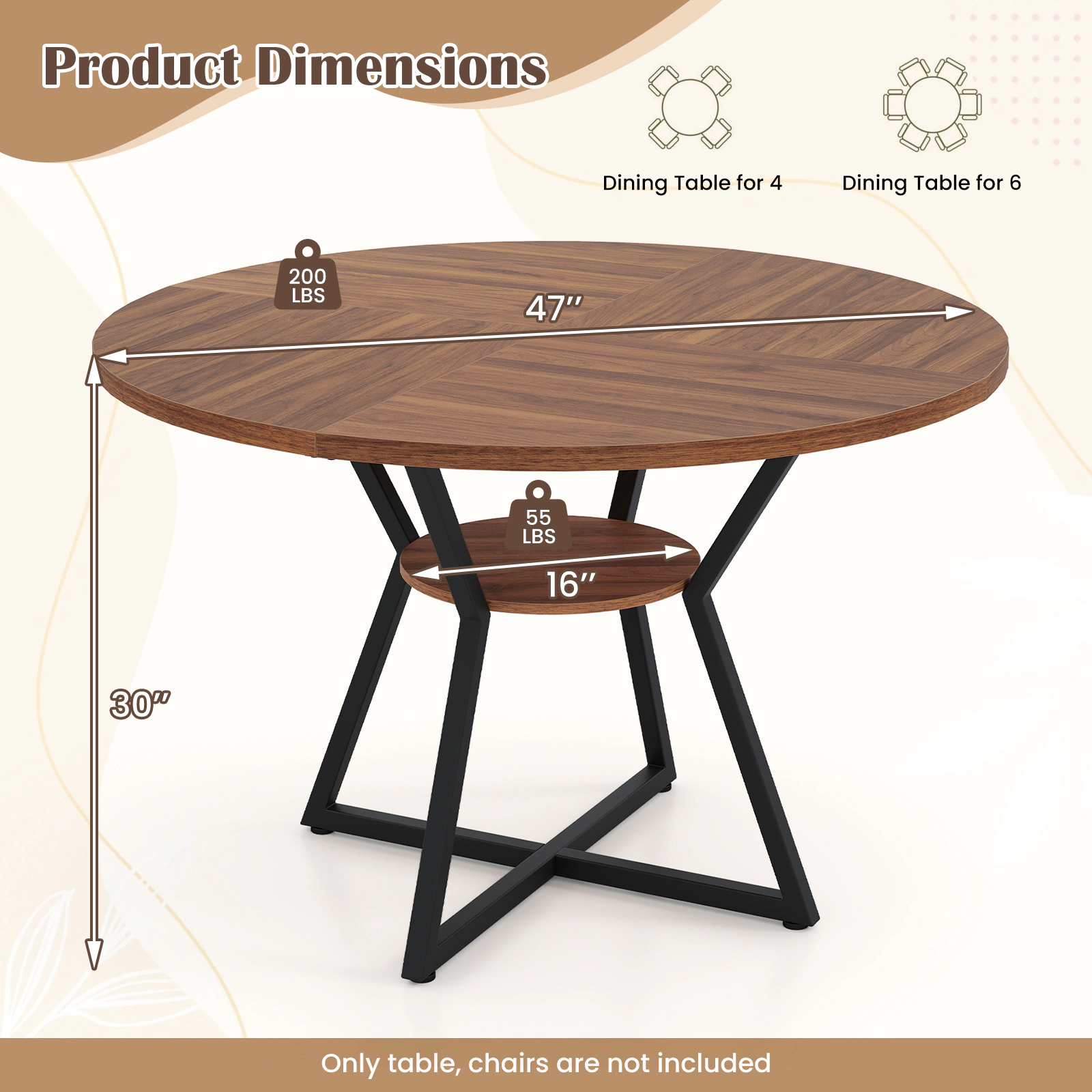 LJG 47" Round Dining Table for 4 with Storage Shelf