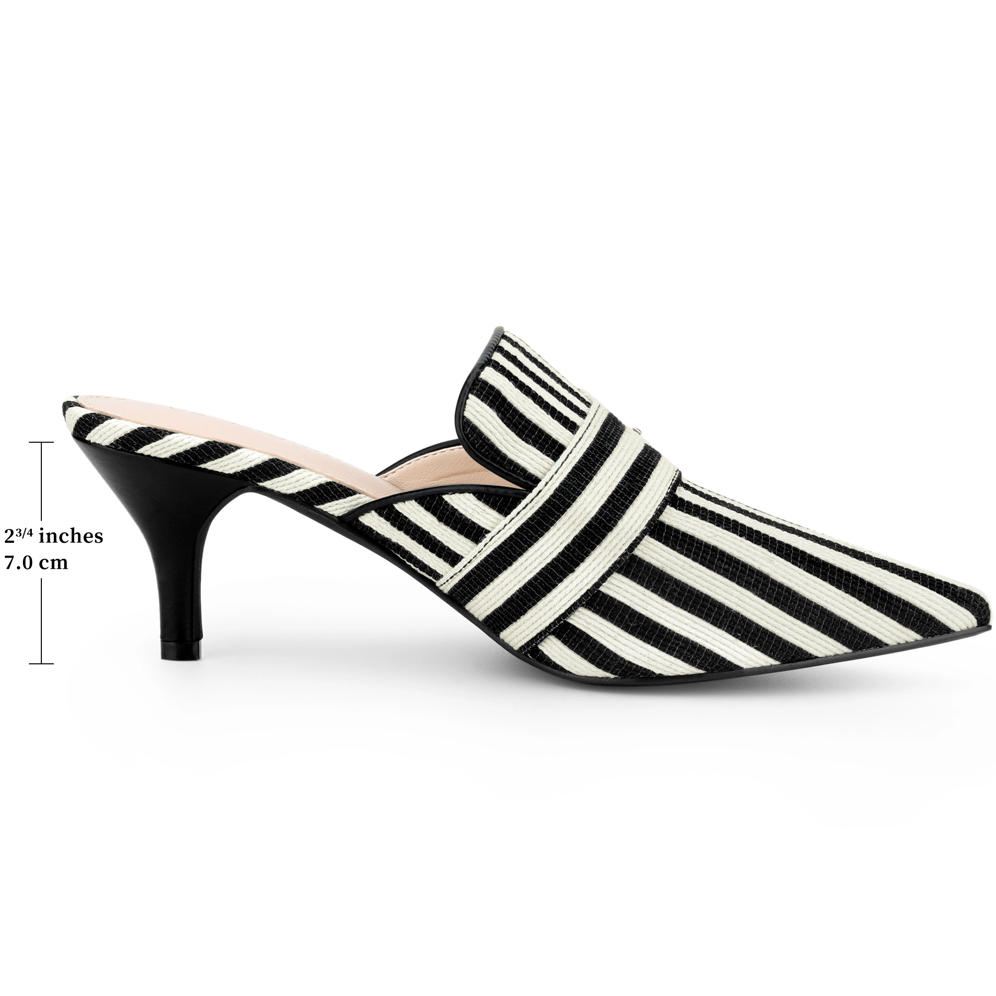 BLISSFUL STEP Women's Stripe Buckle Slip on Pointed Toe Kitten Heels Mules