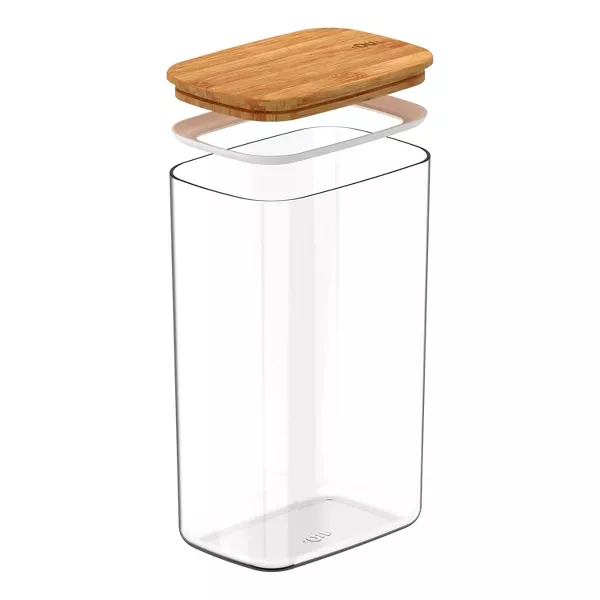 OU Airtight Food Storage Container 9.7cup, Clear Plastic w/ Leak Proof Bamboo Lid, Slim Kitchen Pantry Organizer