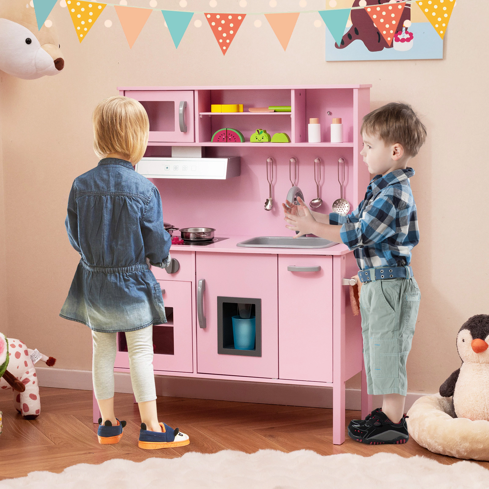 SUGIFT 28-in Pink Wooden Kids Kitchen Playset with Removable Sink Oven and Ice Maker 35.5-in H Ages 3-6