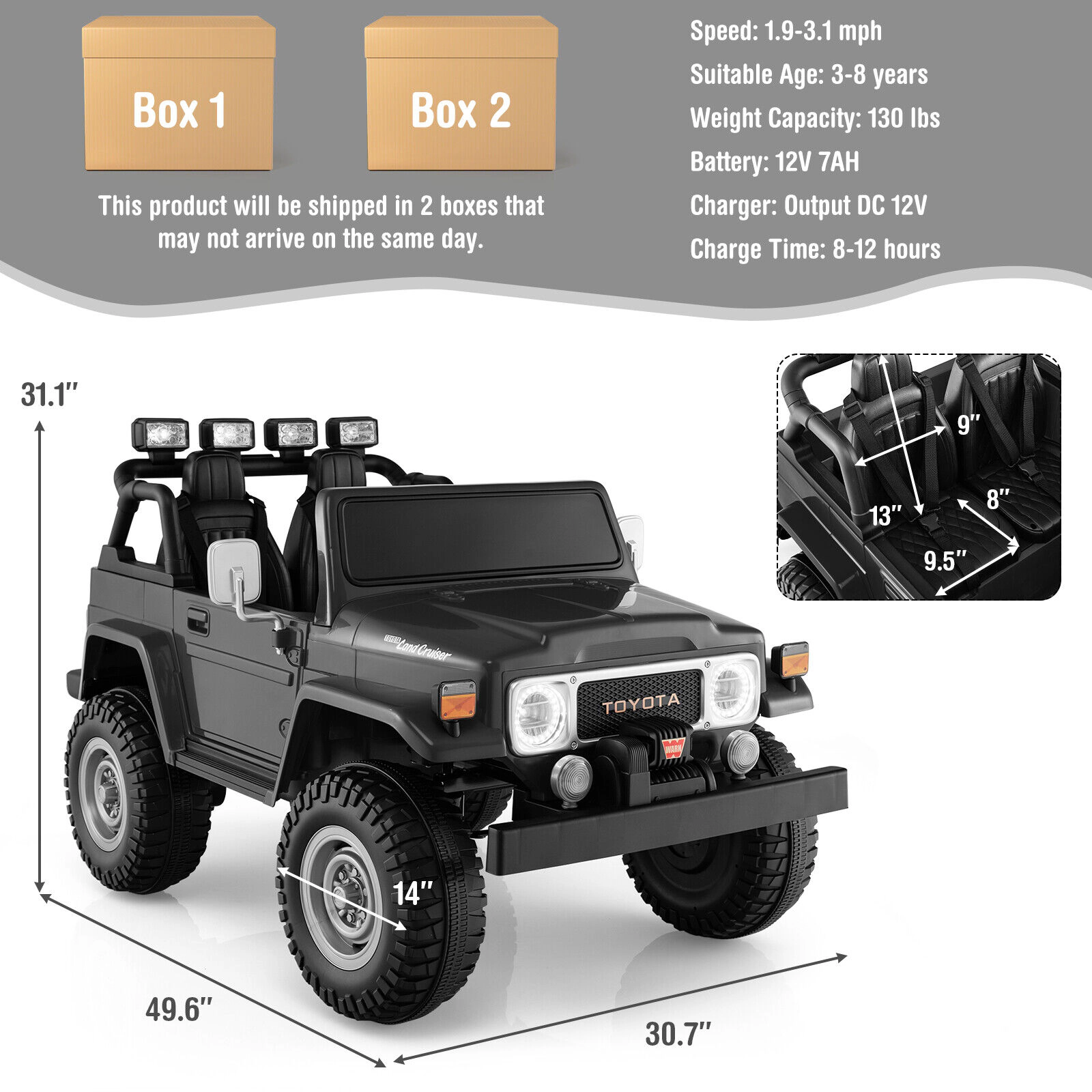 Costway 2 Seater Ride On Truck Car 12V Licensed Toyota FJ40 RC w/ Laser Light & Music Black