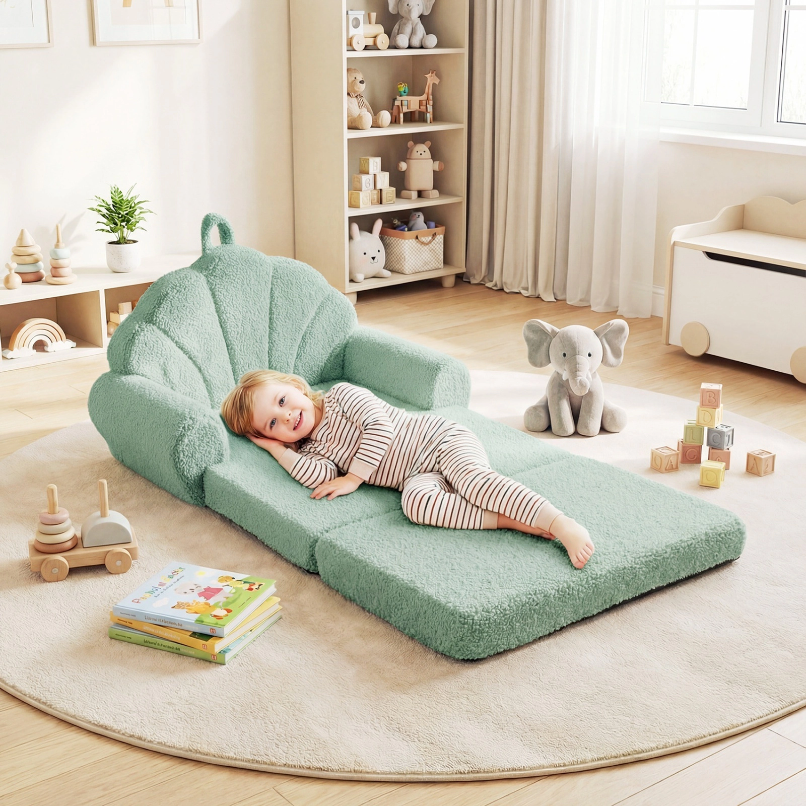Convertible Kids Sofa 2-in-1 Fold Out Toddler Couch with Carry Handle Teddy Fleece Cover Anti-Slip Base Green