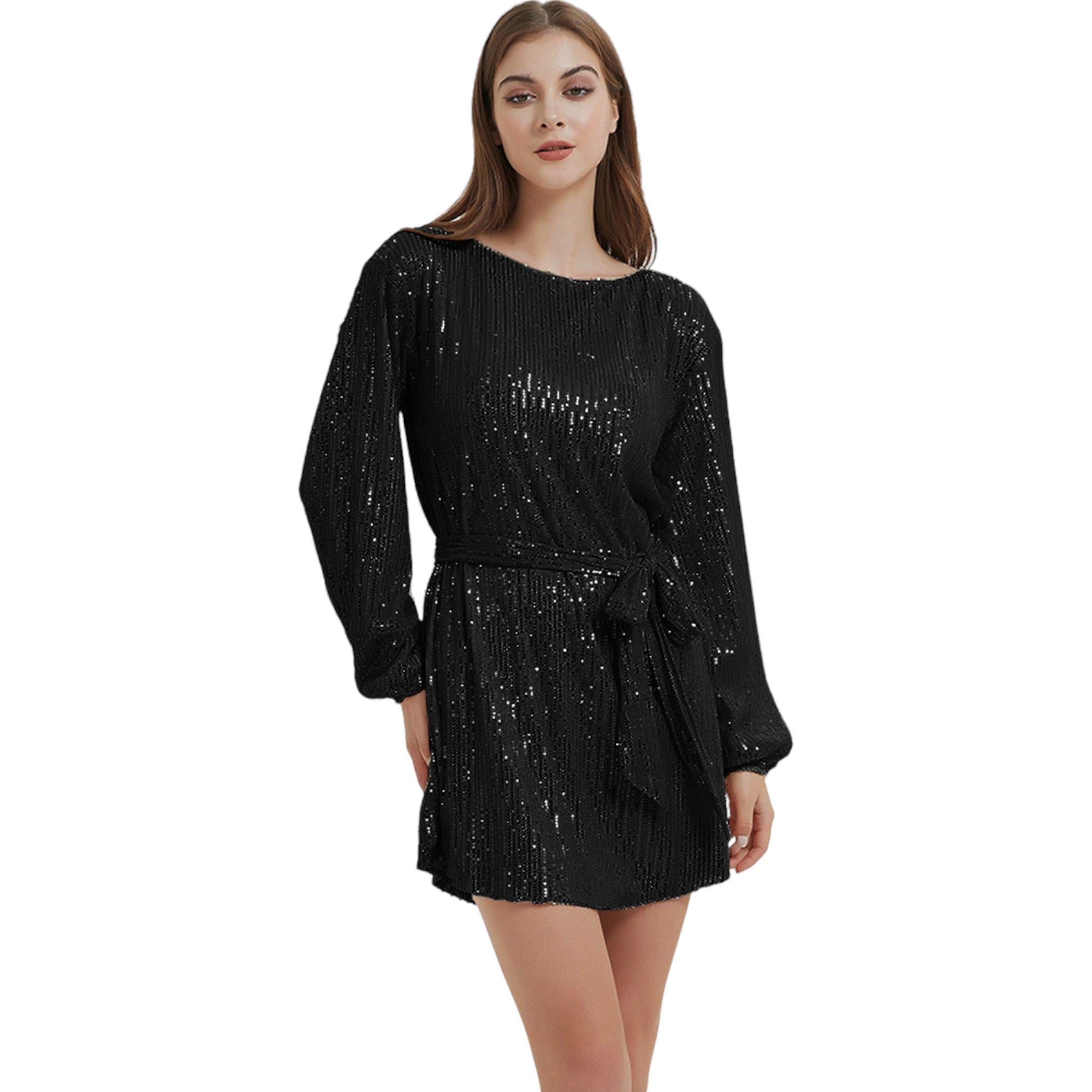 Anna-Kaci Women's Sparkly Sequins Long Bishop Sleeve Crew Neck Tunic Belted Dress