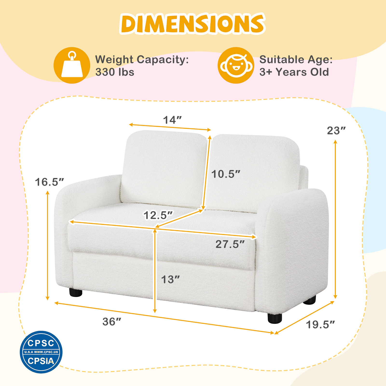 SUGIFT 2-Seat Kids Sofa Toddler Couch with Teddy Fleece Upholstery 330-lb Capacity Ages 3+ White
