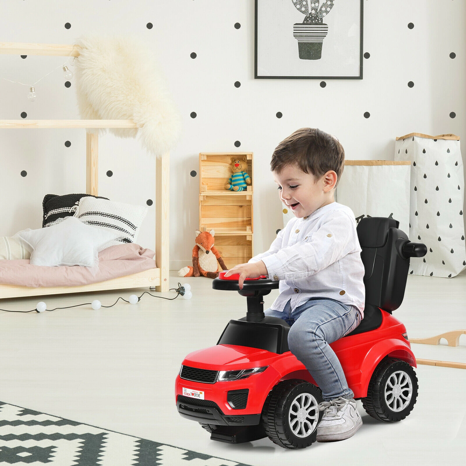 3-in-1 Toddler Push Car with Removable Handle Guardrails and Footrest for 12-36 Months Stroller Walking Sliding Ride On