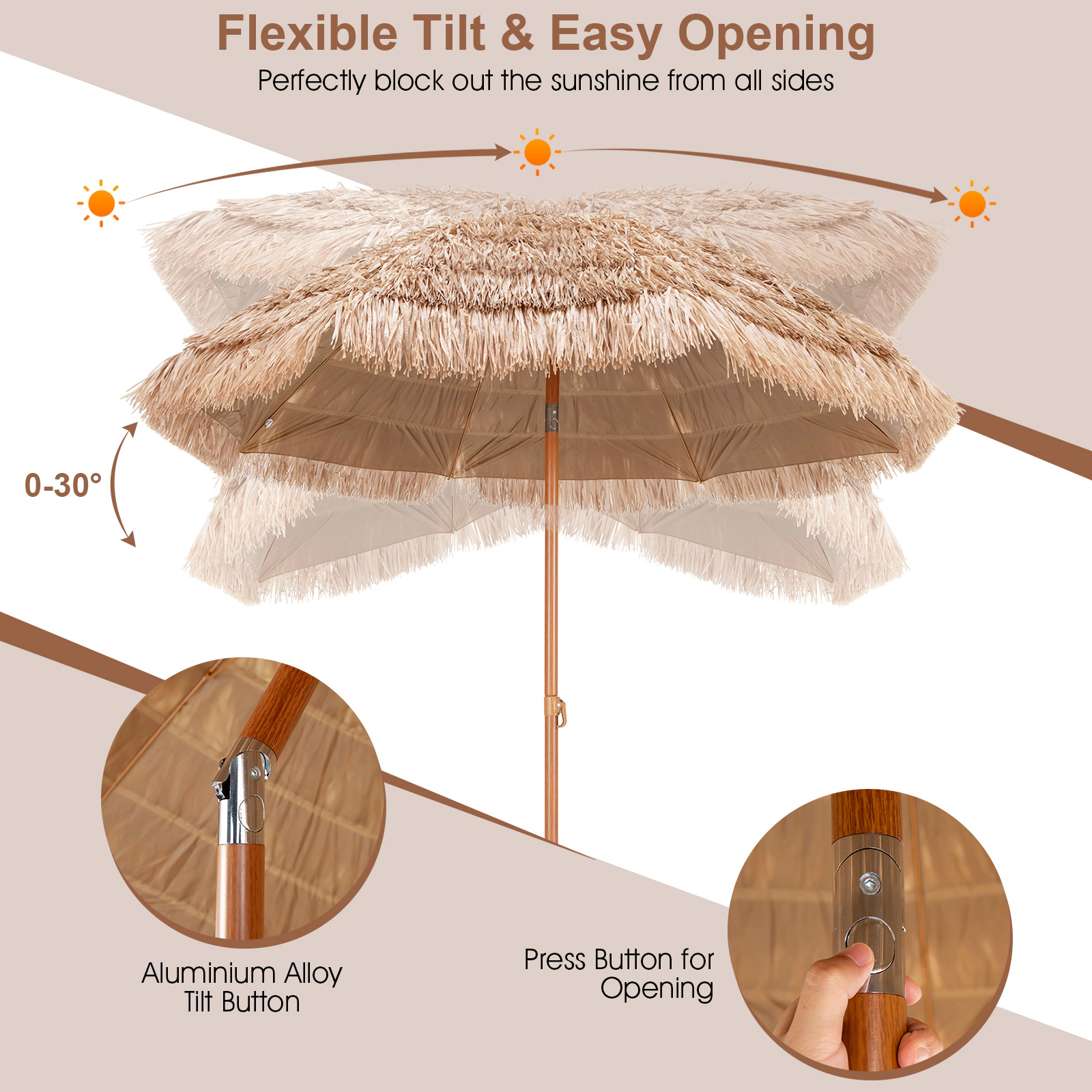SUGIFT 7.2-ft Natural Thatched Tiki Patio Umbrella, Tilt, 8 Metal Ribs