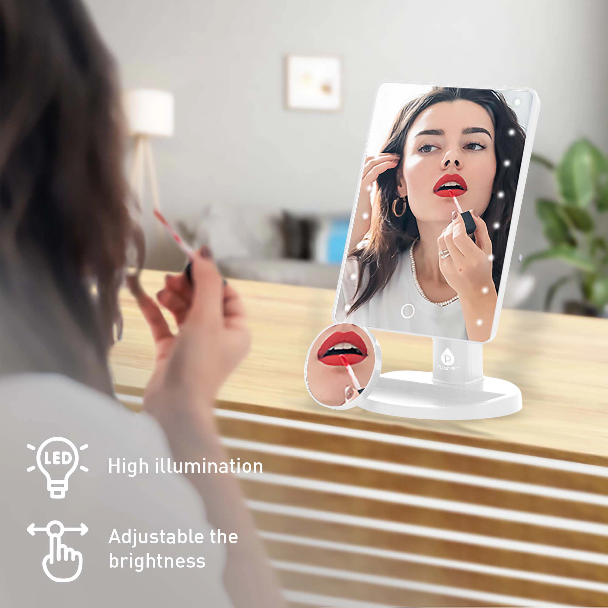 Pursonic Unisex LED Vanity Makeup Mirror Bundle: 16 LED Lights, Touch Dimming & 5X Magnification