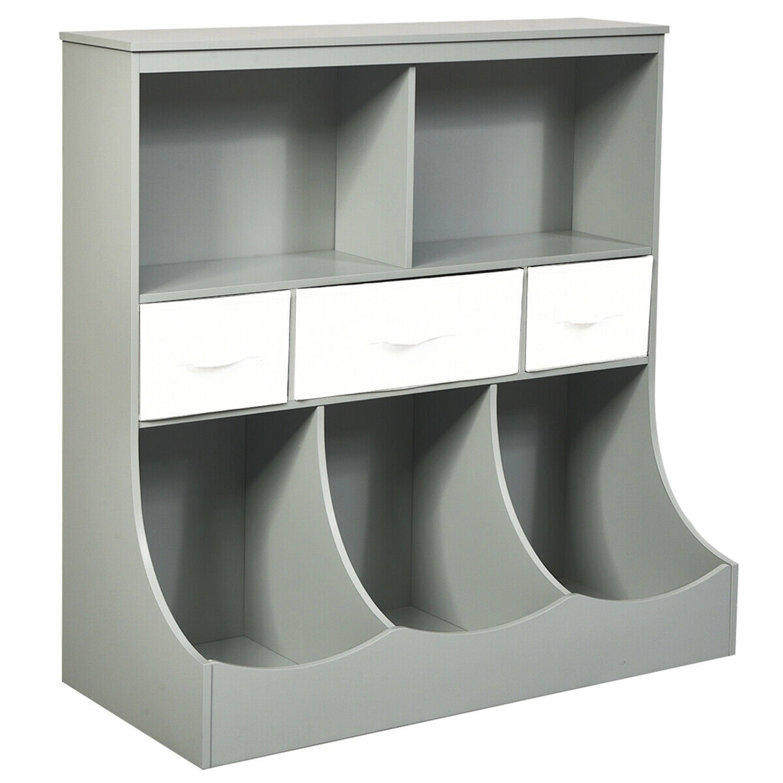 SUGIFT 37-in Combo Cubby Bin Storage Organizer with Drawers and Bins 66-lb Top Capacity Toy Unit Gray Brown White