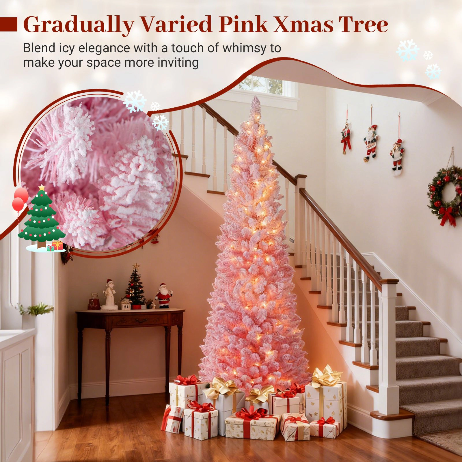 SlickBlue 7 Ft Pink Artificial Christmas Tree Prelit Snow Flocked Hinged Xmas Tree